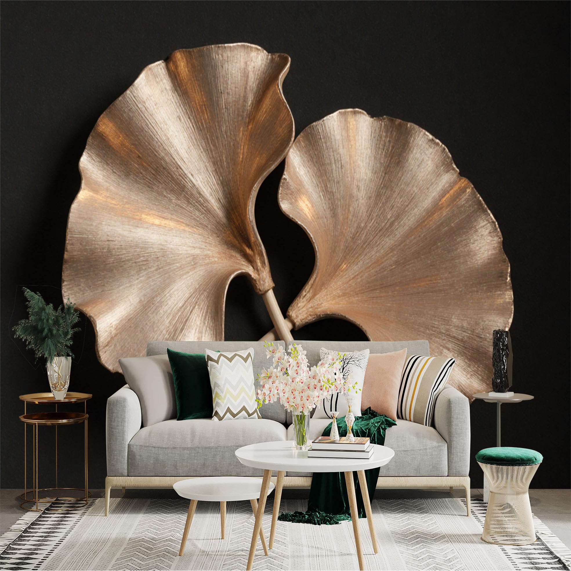 Custom Size Wall Sticker Mural， Metallic Gold Ginkgo Biloba Leaves， Elegant Abstract Botanical Art， Minimalist Luxury Home Decor， for wall Decoration， peelandstick wall Decals.