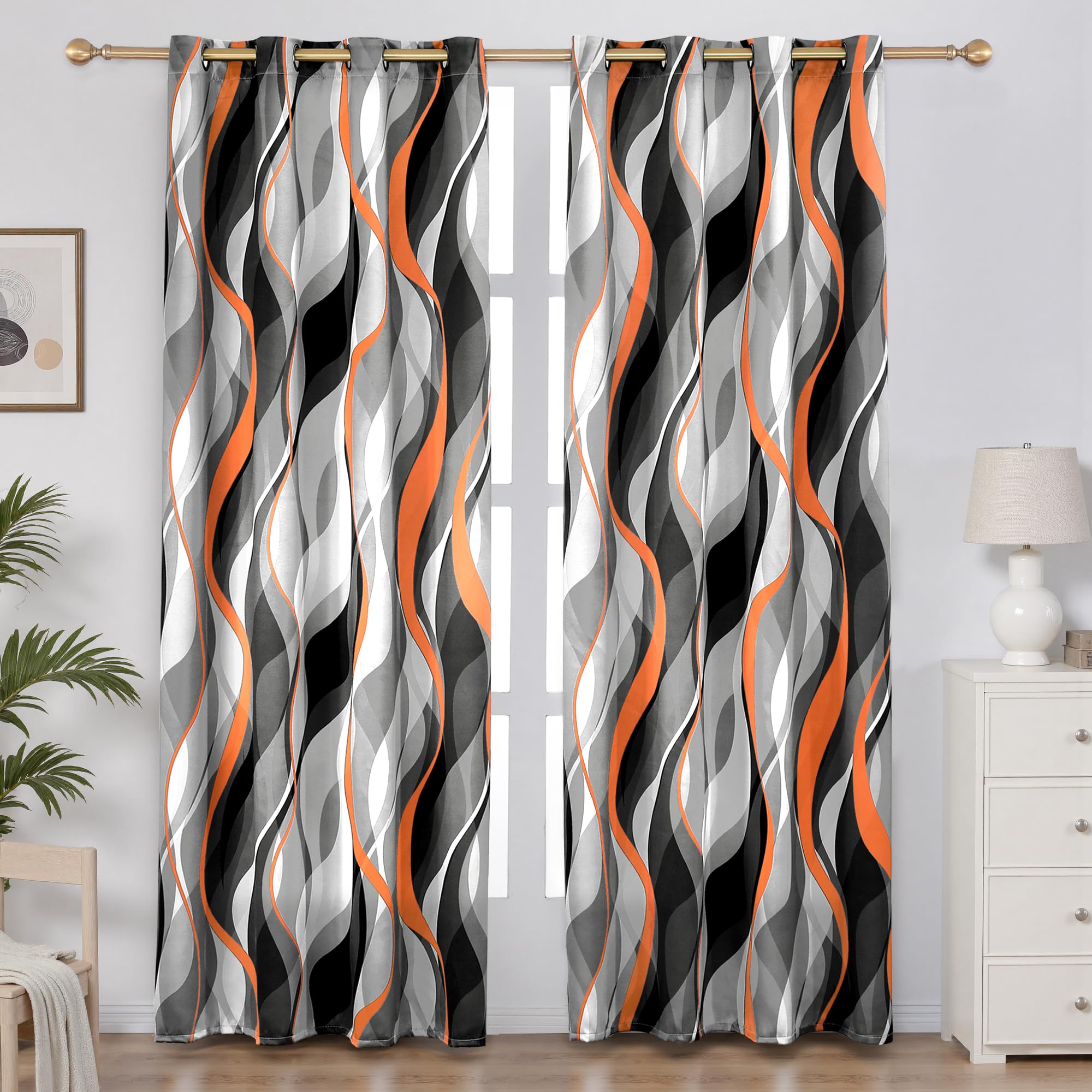 weesire Orange and Grey Curtains Modern Striped Decorative 50% Light Blocking Darkening Grommet Orange Curtain for Living Room Villa, Bedroom 2 Panels