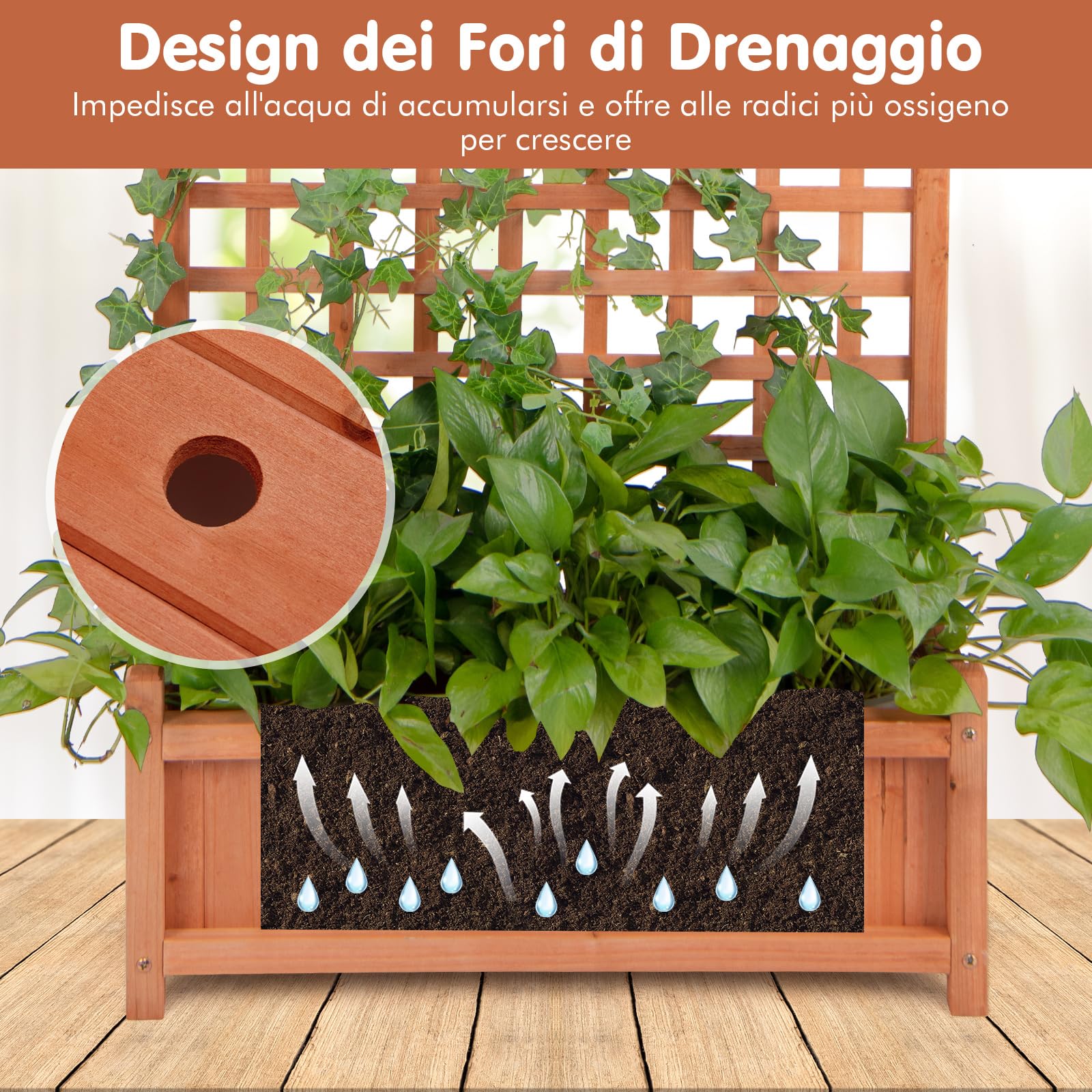 COSTWAY Fioriera da Esterno con Grigliato e Tettuccio, Letto Rialzato in Legno con Fori di Scarico, Aiuola Rialzata con Spalliera per Piante Rampicanti Viti e Fiori, 75 x 33 x 182,5 CM