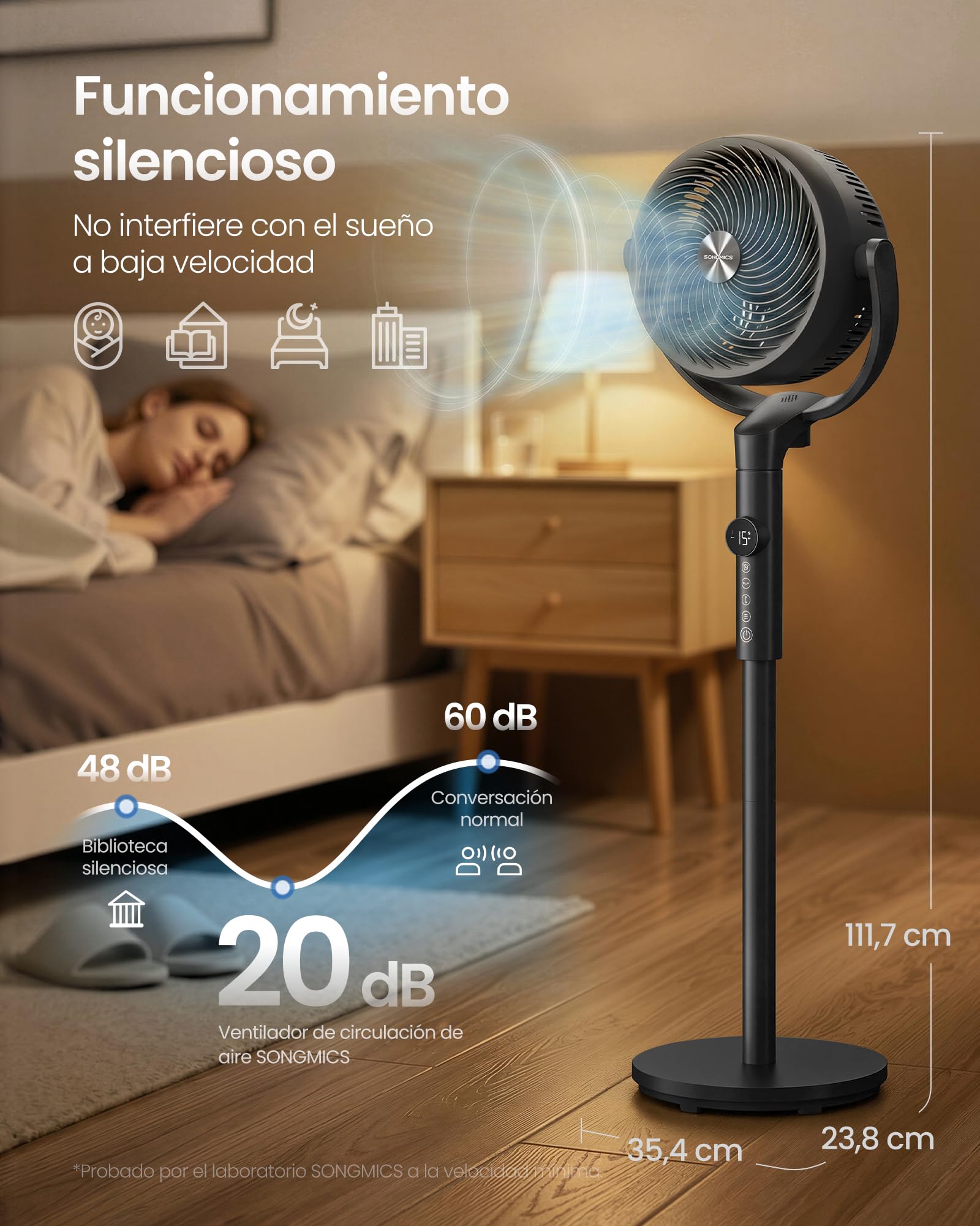 SONGMICS Ventilador de Pie, Ventilador Silencioso 20 dB, Mando a Distancia, Dormitorio, Oscilante 120°+135°, 15 Velocidades, Temporizador 15 Horas, 3 Modos, Altura Ajustable, Negro Tinta XFC002B1EU