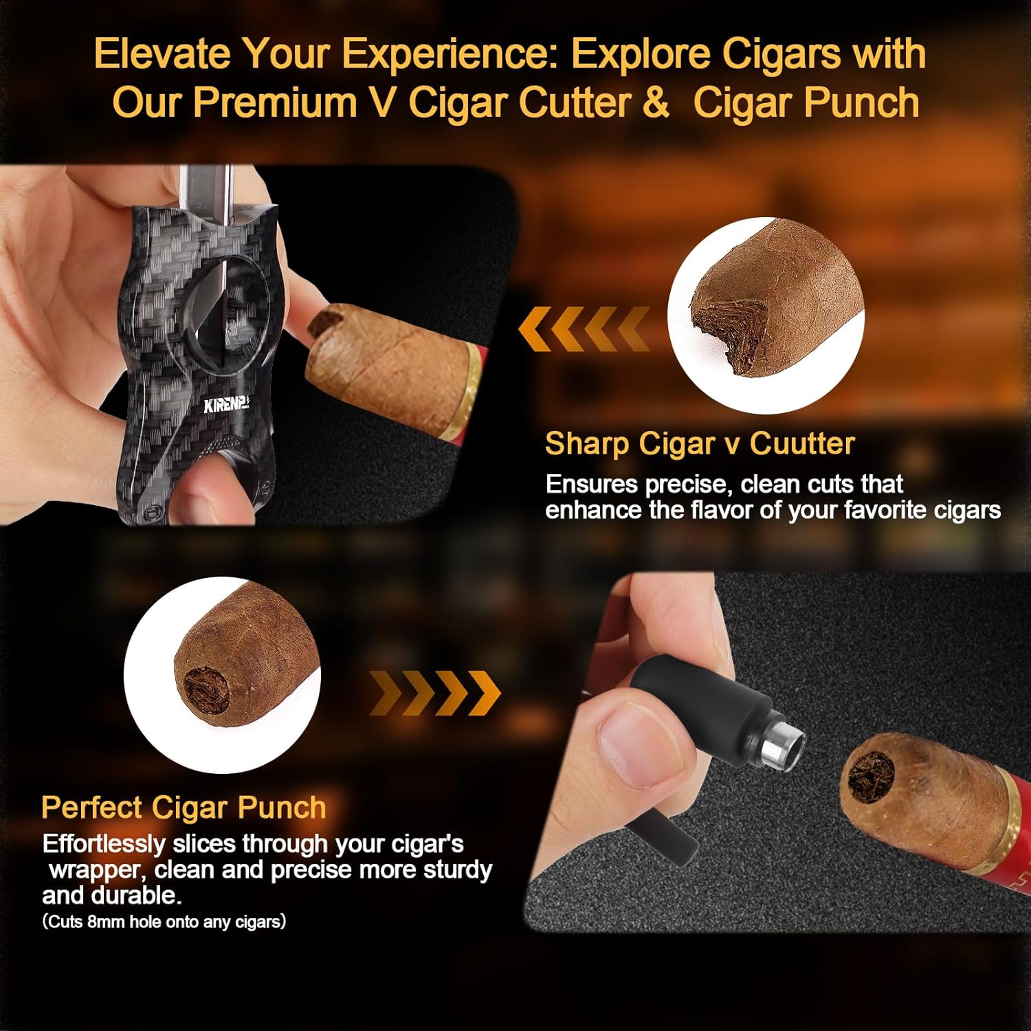 Multifunctional Cigar Accessories, 5-in-1 Kit - V Cigar Cutter, Cigar Draw Enhancer Tool, Cigar Ashtray, Cigar Holder, Cigar Punch, with Accessory Bag for Smoking, Travel, Outdoor, Cigar Gifts for Men