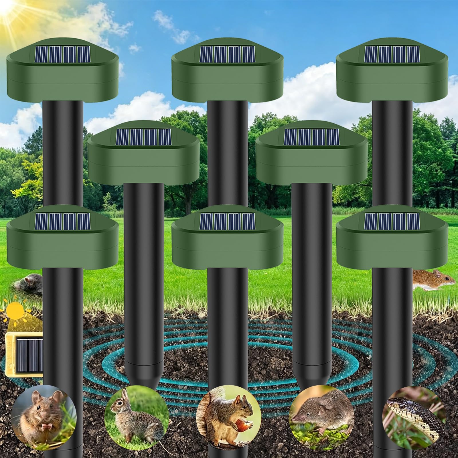 Solar Ultrasónico Ahuyentador de Topos 8 Piezas, Impermeable Repelente para Ratas Ultrasónico Solar Se Utiliza para Repeler Topos, Topillos, Serpientes y Lagartos Protege el Césped y Los Jardines
