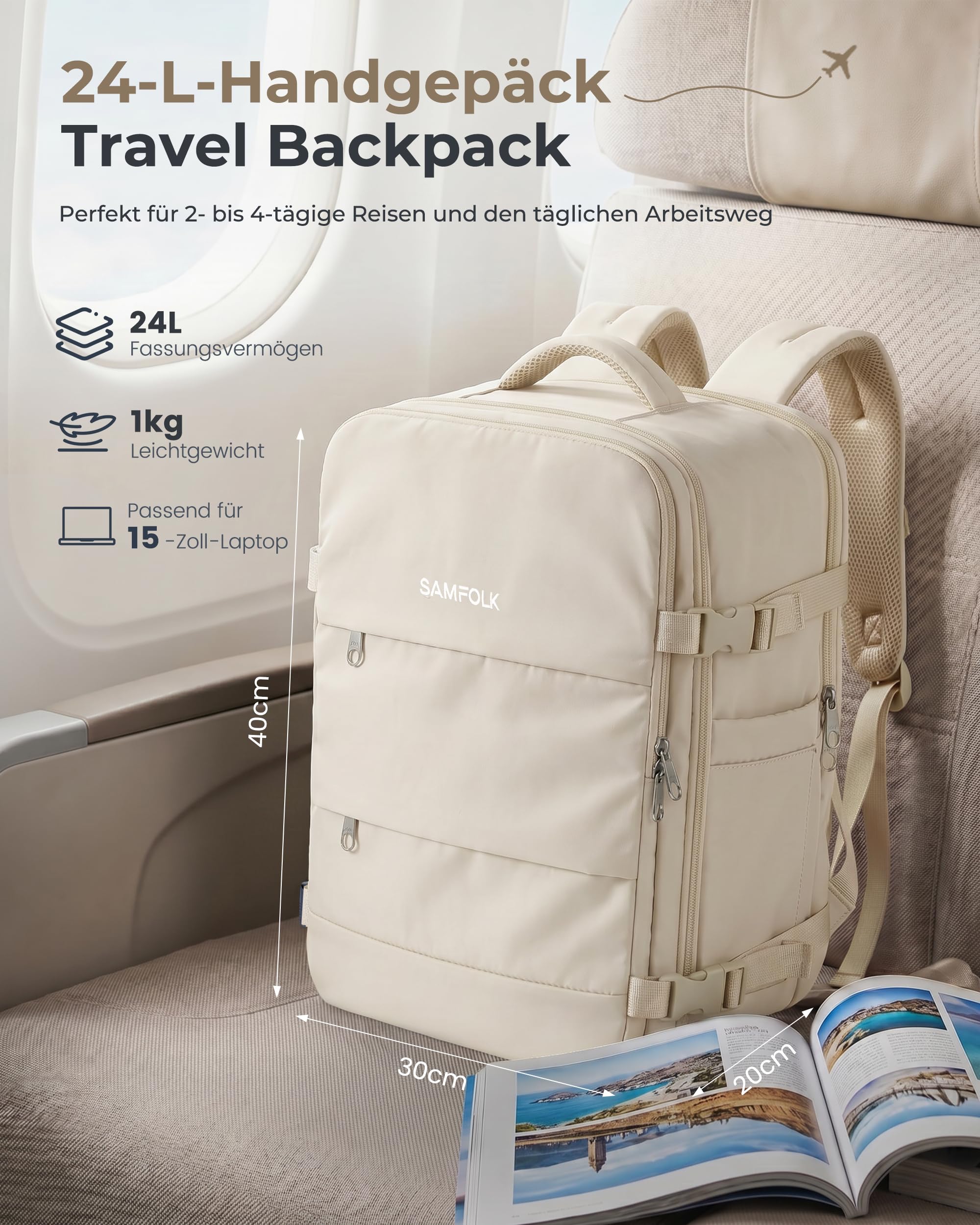 Samfolk Handgepäck Rucksack Ryanair Handgepäck 40x30x20 Travel Backpack 11 Taschen Carry On Bag Cabin Bags Mit Anti-Diebstahl-Tasche für Frauen & Männer Tragetasche Hand Luggage Backpack, 24L