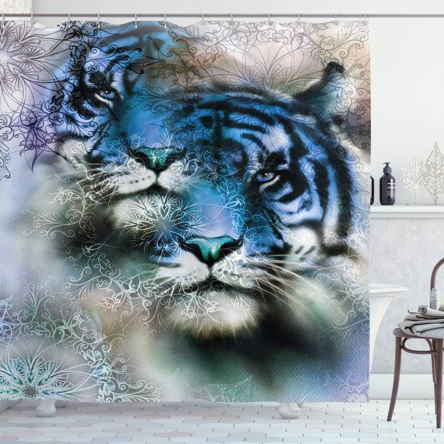 Ambesonne Animal Shower Curtain, Illustration of 2 Tigers Savannah Cat Wild Furious Life Big Animals Art Print, Cloth Fabric Bathroom Decor Set with Hooks, 69" W x 84" L, White Black Blue