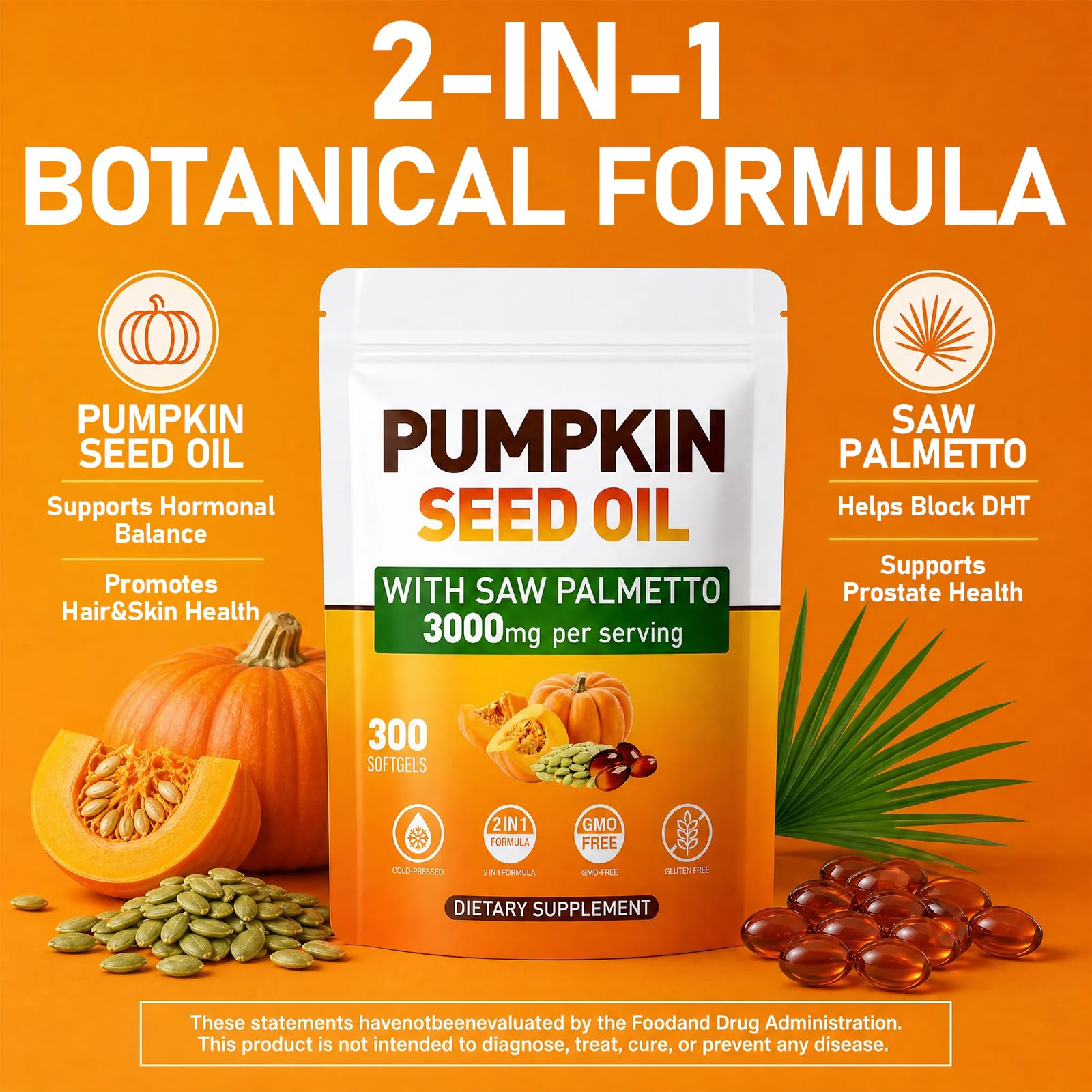 Pumpkin Seed Oil Capsules - Saw Palmetto Pumpkin Seed Oil 300 Softgels 3000mg for Prostate Health, Immune and Urinary Tract Support Promotes Hair Growth - Pure Non GMO — Amazon image 3