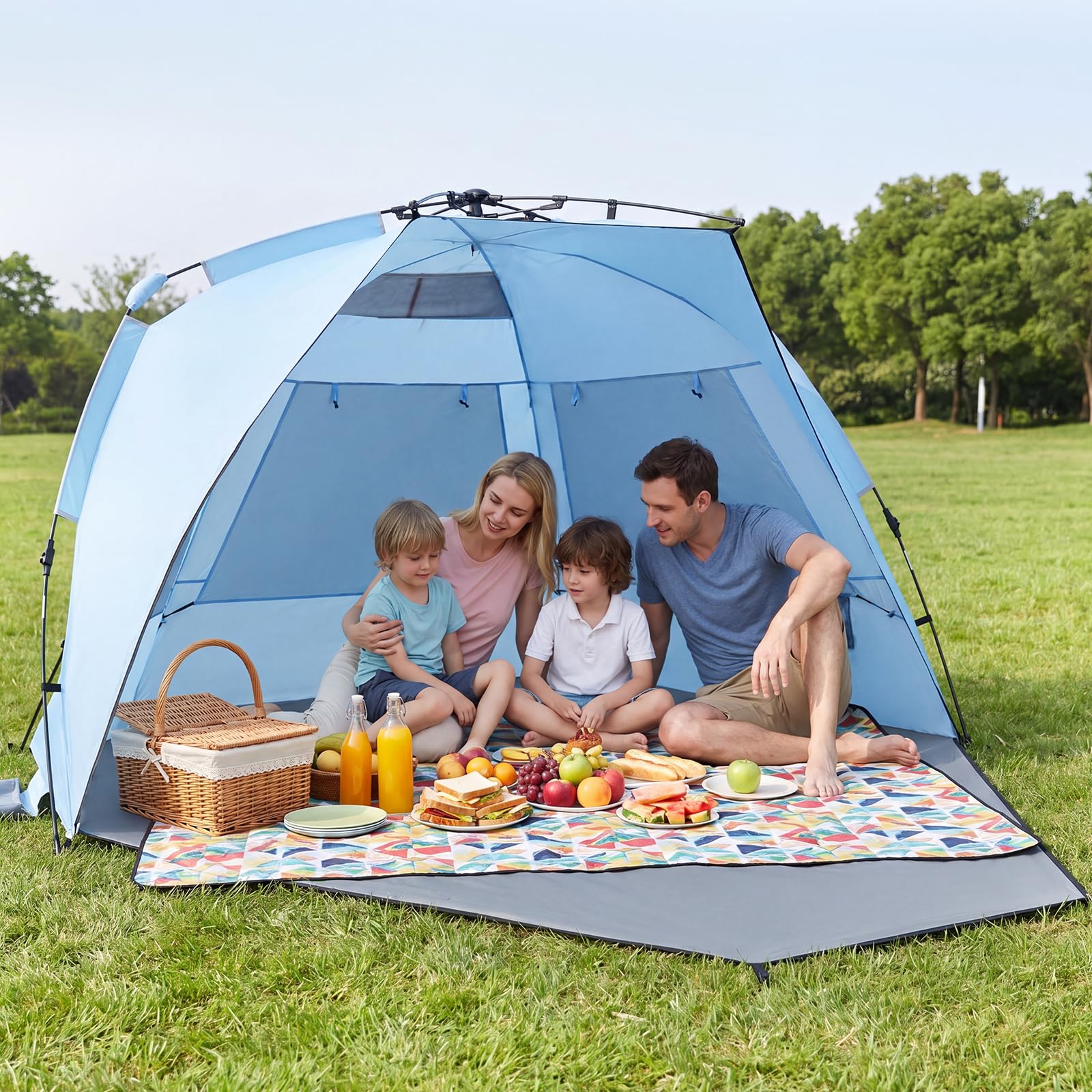 COSTWAY Namiot plażowy Pop Up dla 3-4 osób, namiot plażowy z torbą do przenoszenia, śledziami i 3 kieszeniami na piasek, ochrona przed promieniowaniem UV 50+, ochrona przed słońcem z drzwiami na zamek