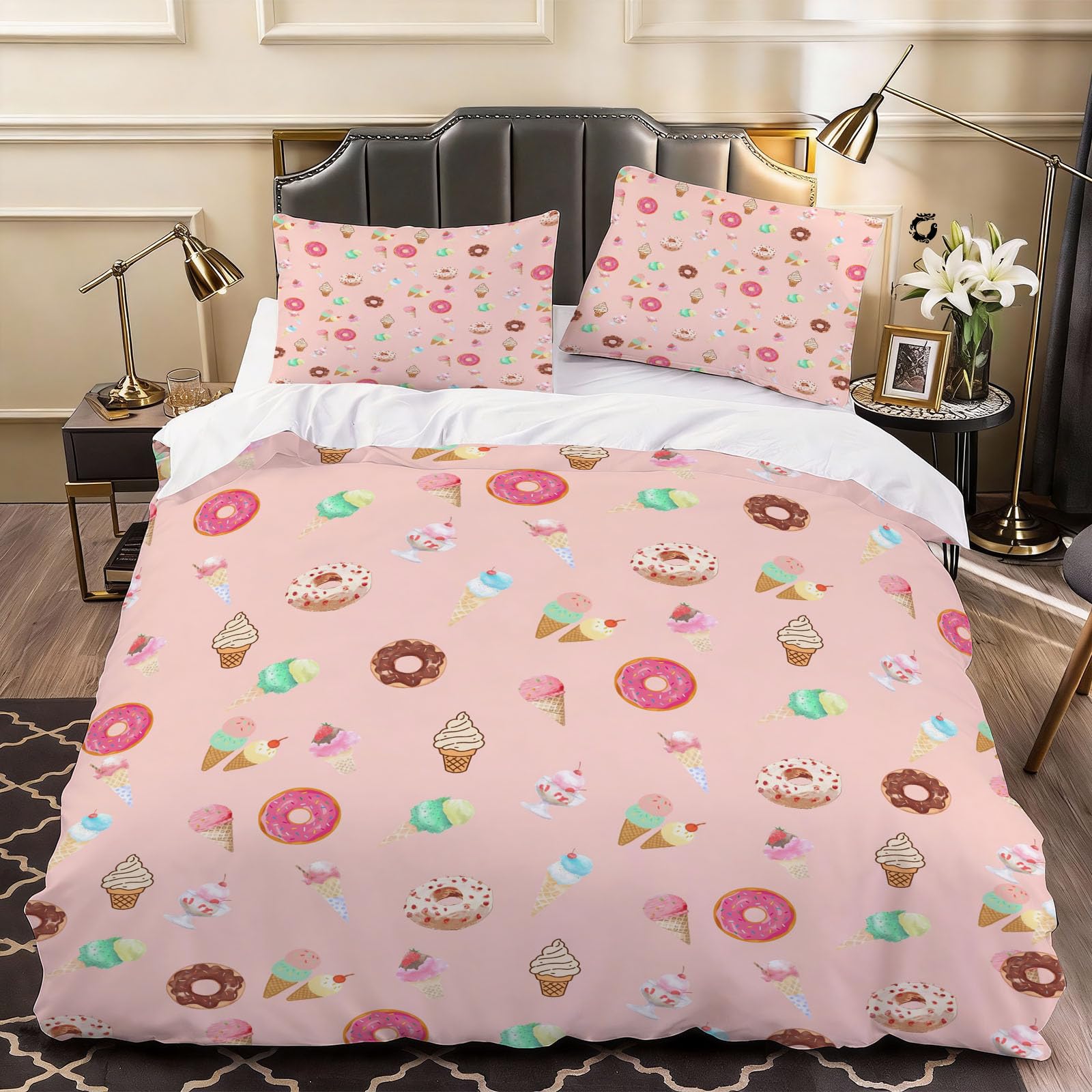 3D Dessert Donut Duvet Cover Kids Bedding Single Bed Set, Soft Microfiber Comforter Cover Printed with Zipper Closure Quilt Coverr 135x200 cm and 2 Pillowcases