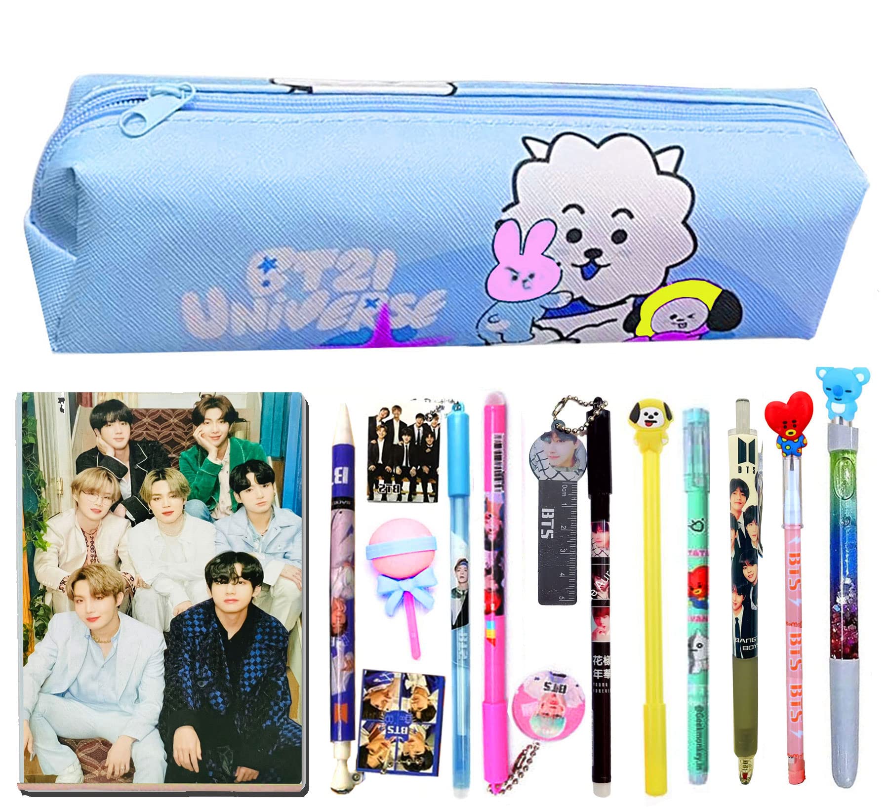 KOBBET® 12pcs BTS Stationery Gift Set for Girls BT-21 Pencil Pouch, BTS A6 Diary with 100 Ruled Pages, BTS All Pen Pencil BTS Theme Stationery Return Gift, Party Favor Birthday Gift for Girls Blue-image-23