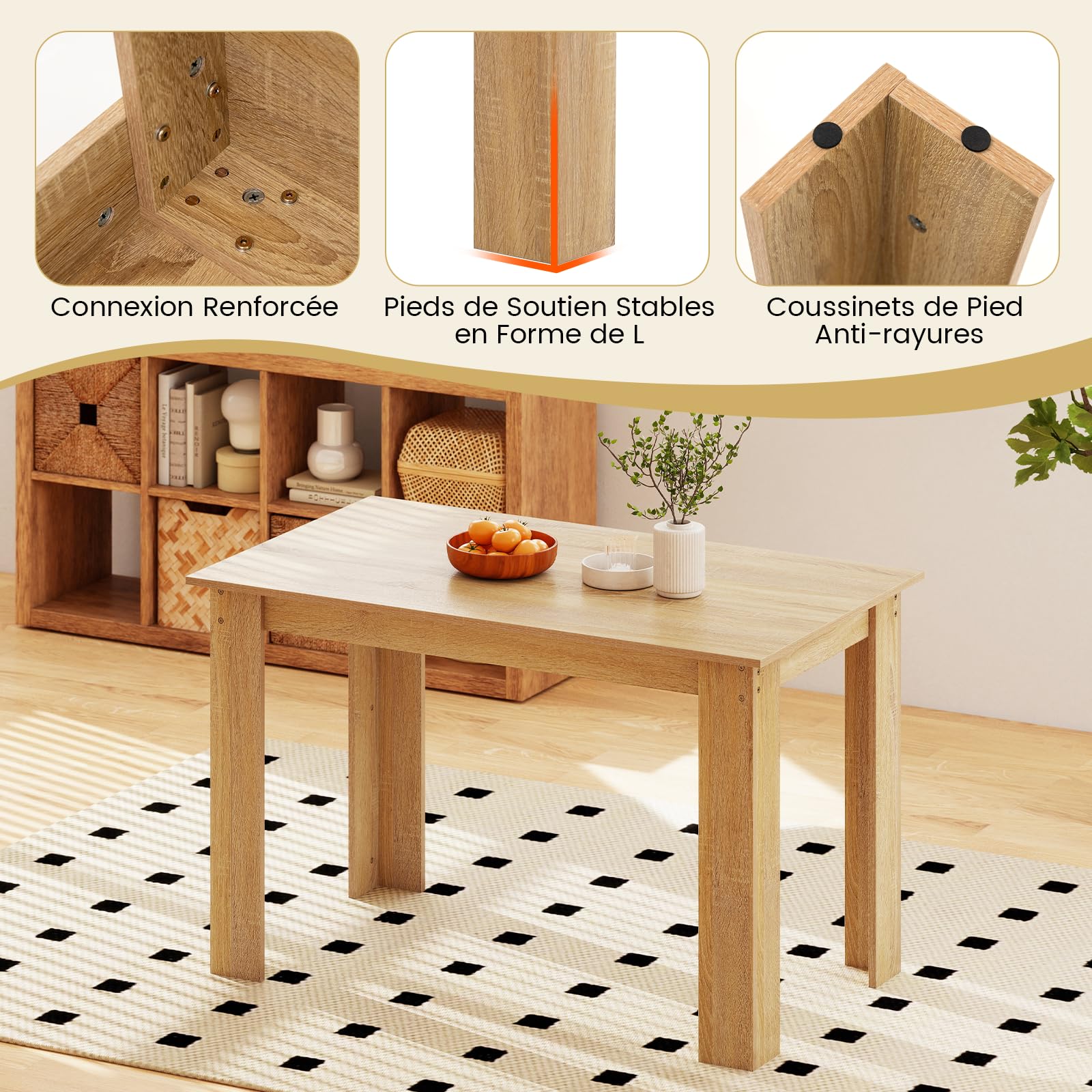 COSTWAY Table Salle à Manger 120 CM pour 4-6 Personnes, Table Cuisine Rectangulaire avec Pieds en Formes de L Robustes, Montage Facile, Charge Max. 60 kg (Naturel)