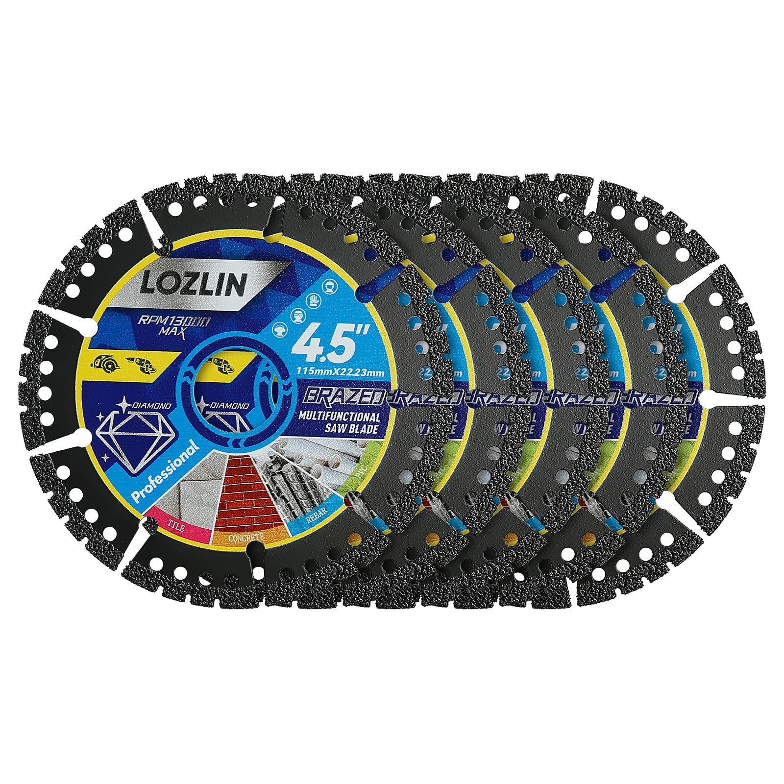 LOZLIN Confezione da 5 lame diamantate multiuso da 11,4 cm, dischi per smerigliatrice angolare per taglio marmo/quarzo/pietra/piastrelle/metallo/plastica (denti neri, 5)