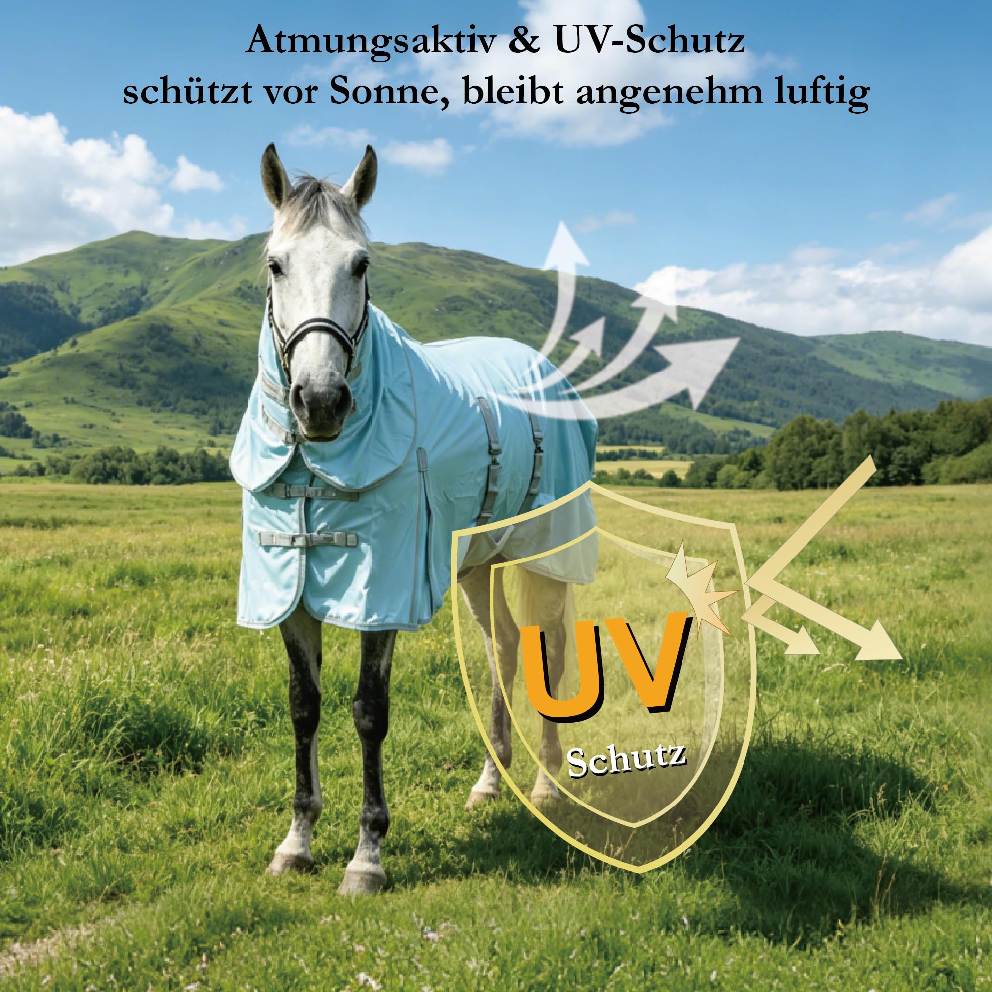 Manta antimoscas para caballos con parte del cuello, transpirable, ligera y resistente al desgarro, color azul, 155 cm
