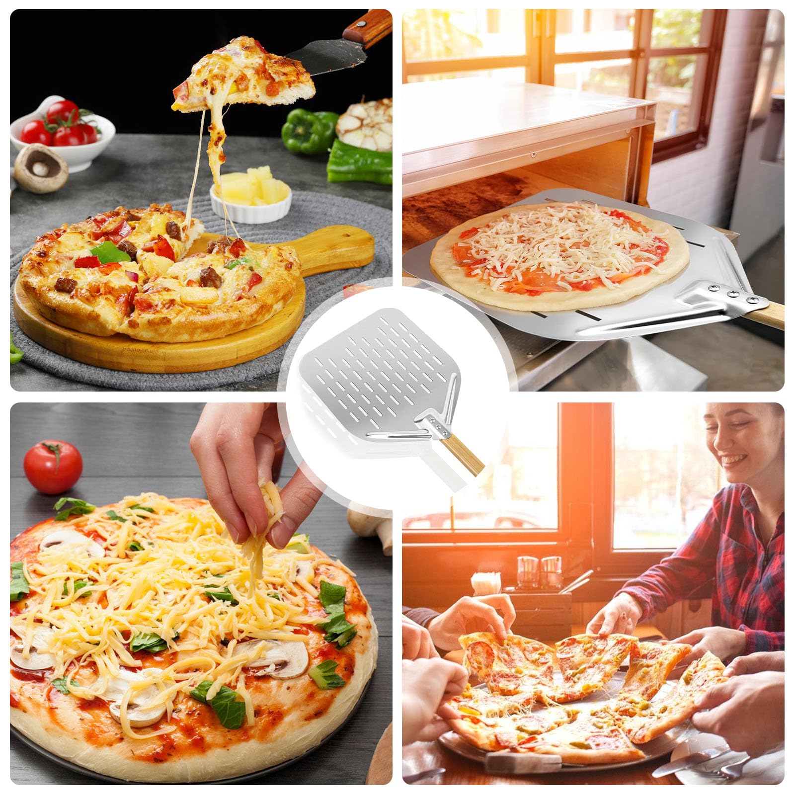 Pala per Pizza 12 Pollici, Pala per Pizza Forata in Alluminio con Manico in Legno Rimovibile, per Barbecue a Gas, Barbecue e Forno, per Riporre Facilmente La Pizza Grande (40 x 30 cm)