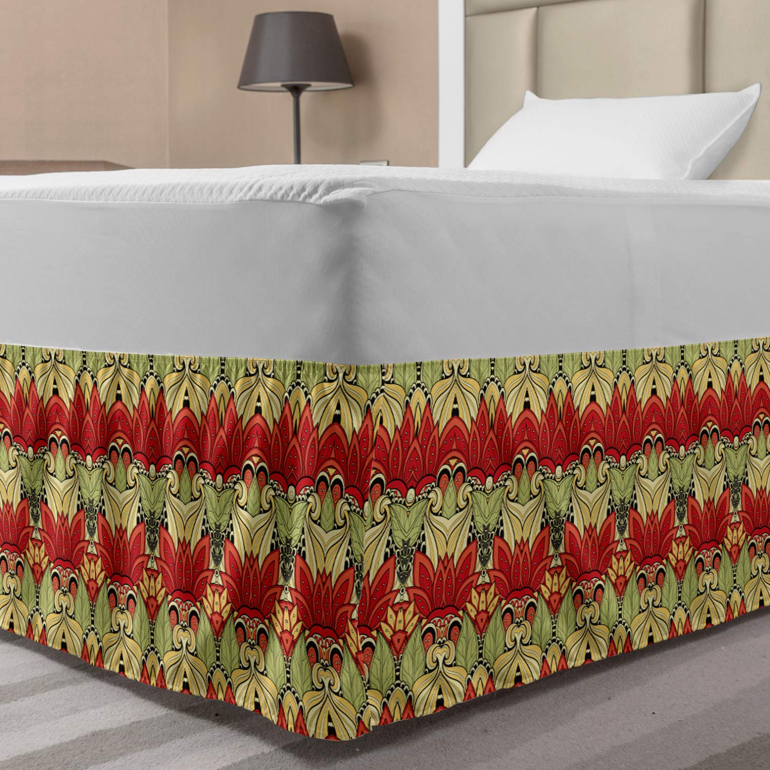 Lunarable Batik Bed Skirt Batik Blooms Motif in Colors Ornate Nature Inspired Boho Style Floral Image Elastic Bedskirt