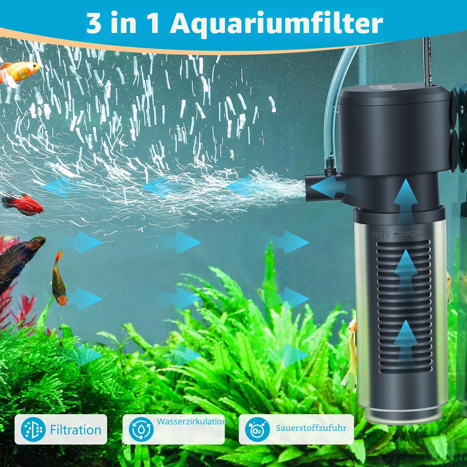 AQQA Aquarium Filter, 360L/H Einstellbarer Aquarium Filterpumpe, 4.5W Leiser Aquariumfilter für kleine Tank bis zu 90L