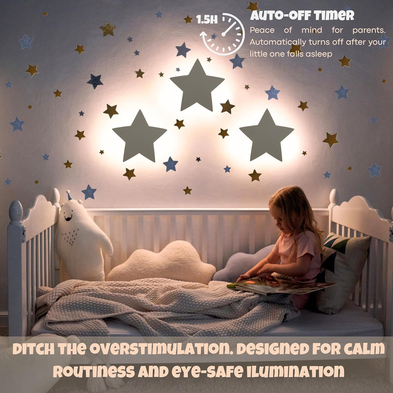 KALEOLI Star Wall Lights 2 Pack – Dimmable & Rechargeable for Kids & Baby Room Decor – Made for Bedtime Routines (Moon & Star Decals Included)