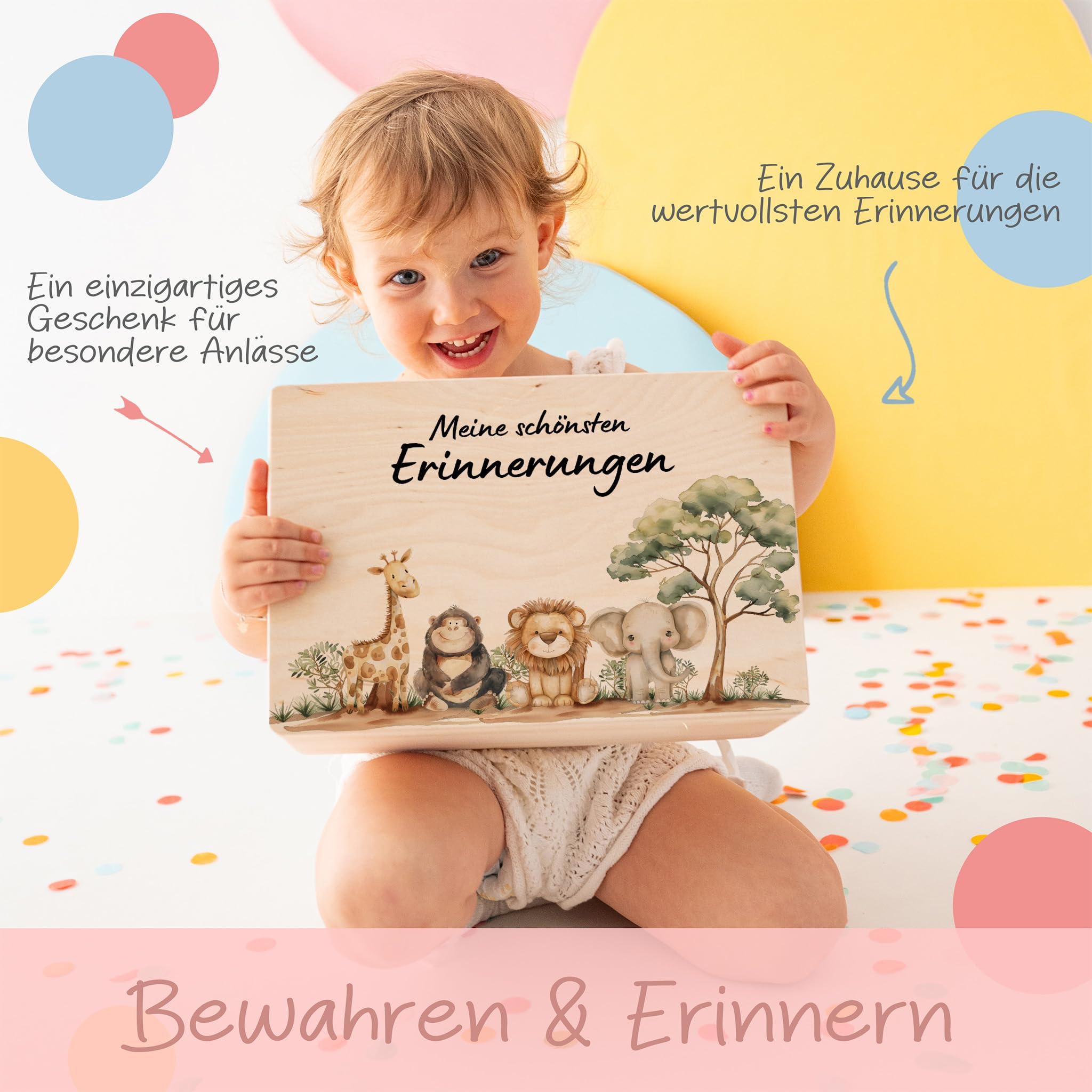 Bärenfreunde - TOP Personalisierte Erinnerungsbox Baby - Individuelle Babies Erstausstattung - Erinnerungskiste aus Holz - Geschenk zur Geburt als Taufgeschenk, Safari ohne Name