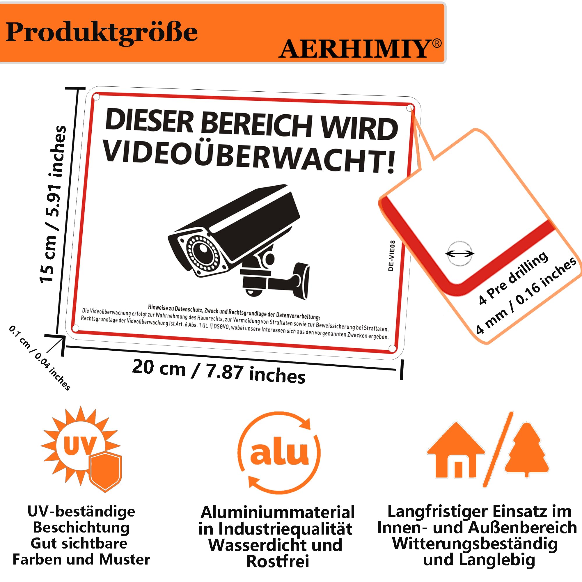AUA SIGNALETIQUE Schild 'Videoüberwachung' – 200x75 Mm, Aluminium Dibond 3 Mm