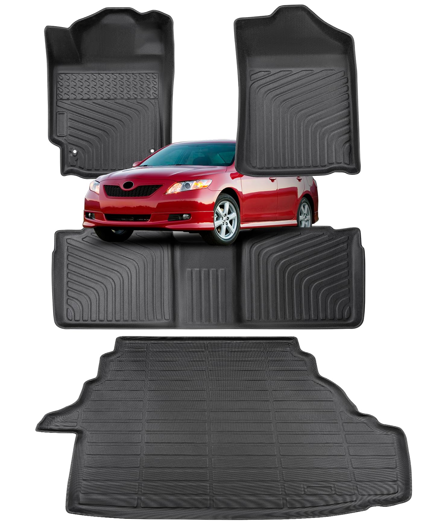 COTAZA All-Weather Floor Mats & Cargo Liner For 2007-2011 Toyota Camry (Gas) - Black Rubber, Full Set