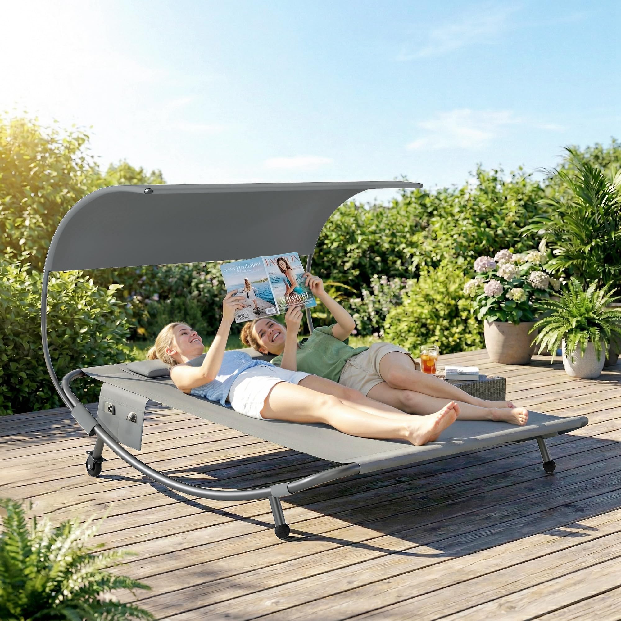 Outsunny Tumbona doble de jardín con techo extraíble, tumbona de jardín de 2 plazas de textil con ruedas, 2 cojines, bolsillos, estructura de acero, para terraza y piscina, máx. 240 kg, gris