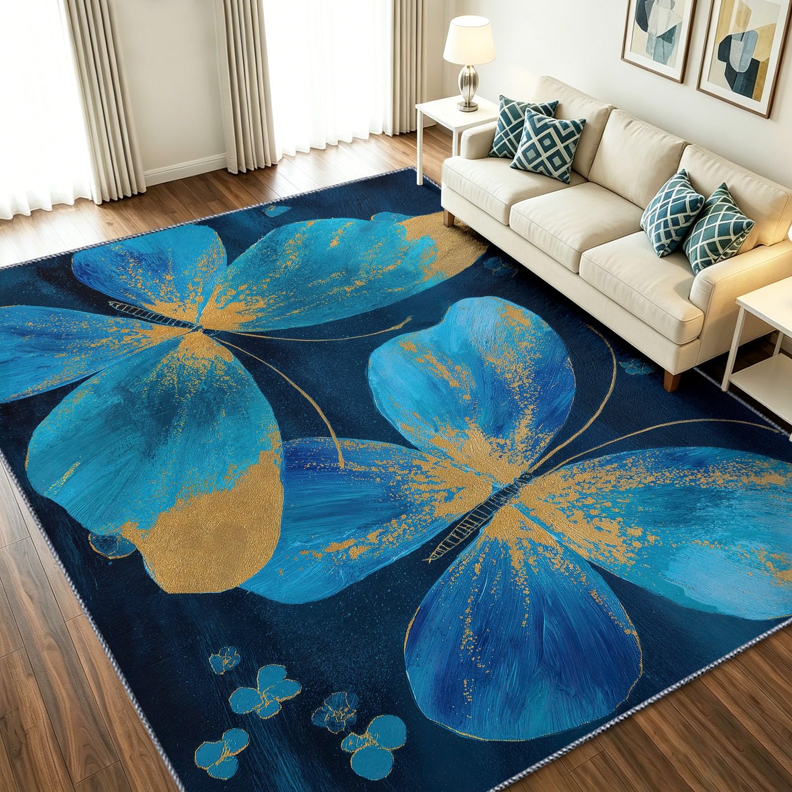 Alfombra de lujo moderna con mariposa dorada y acabado antideslizante color azul