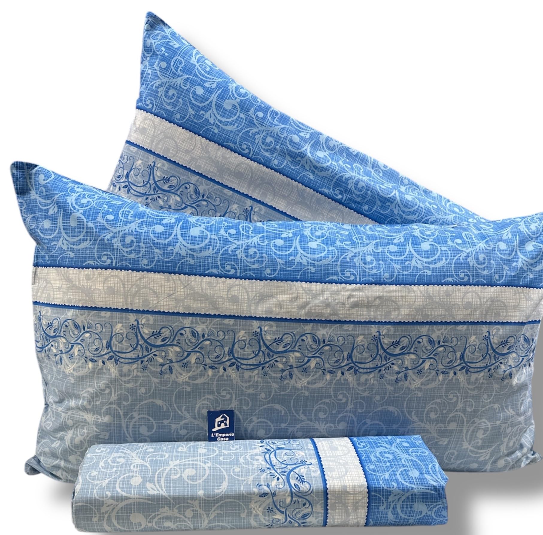 L'Emporio Casa Set Completo Lenzuola Matrimoniale Chloè, 100% Cotone Italiano, Effetto Setato (Drappo Azzurro)