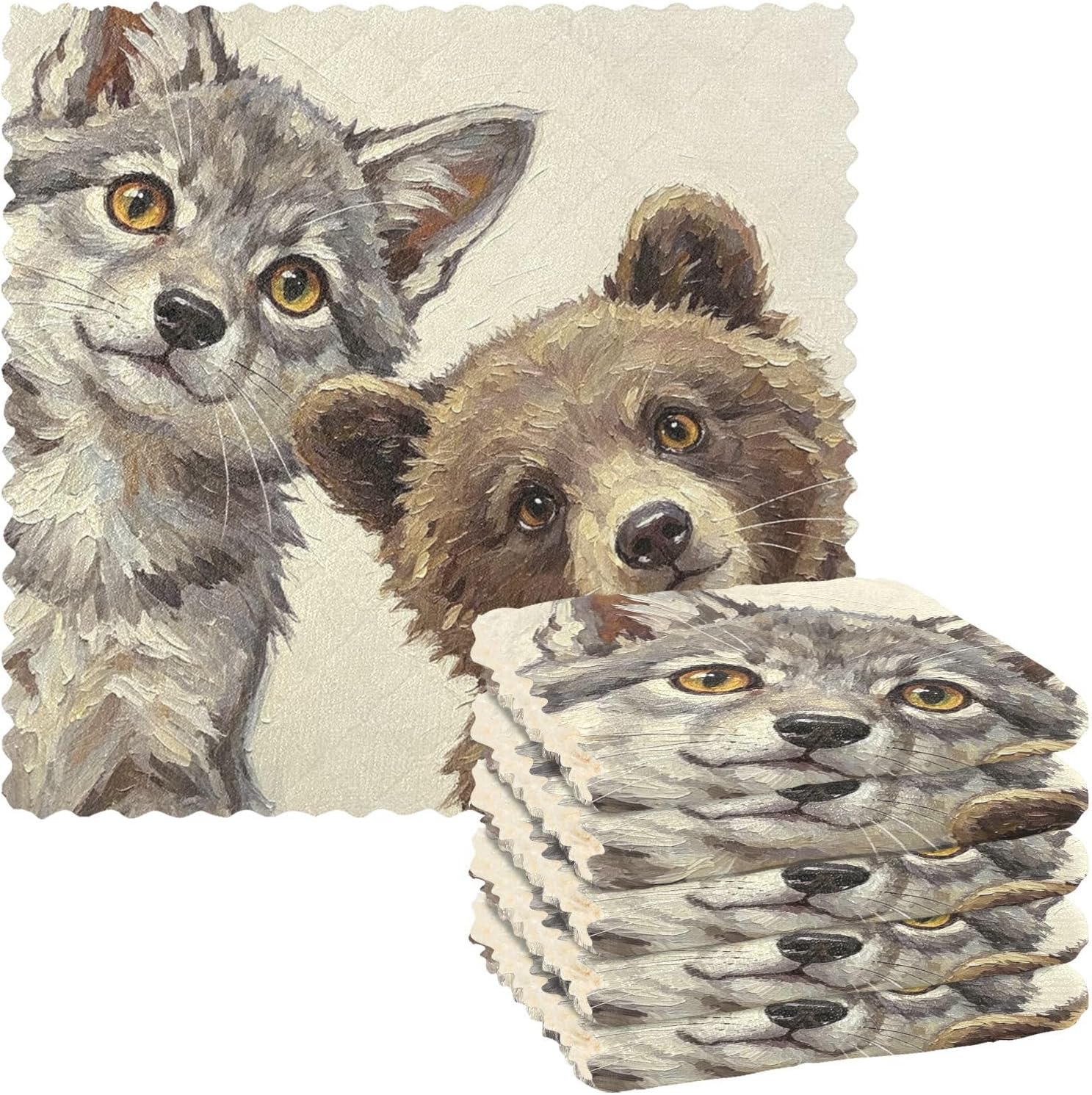 Wolf Bear Cubs Dish Cloths 6 Pack Absorbent Kitchen Towels 11X11 Inch