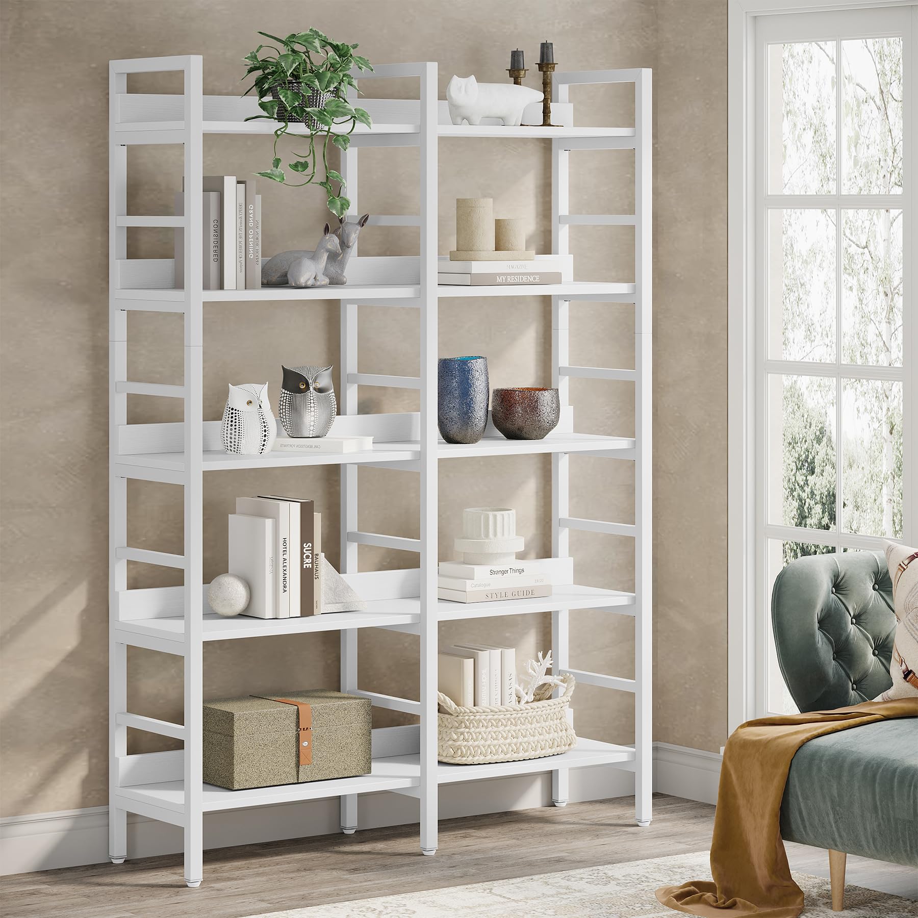 Tribesigns Estantería Industrial de 5 Niveles, 71"H x 47"W Estantería Étagère, Estantería de Libros Independiente Doble Ancha para Almacenamiento y Exhibición, Estanterías de Madera y Metal para Sala