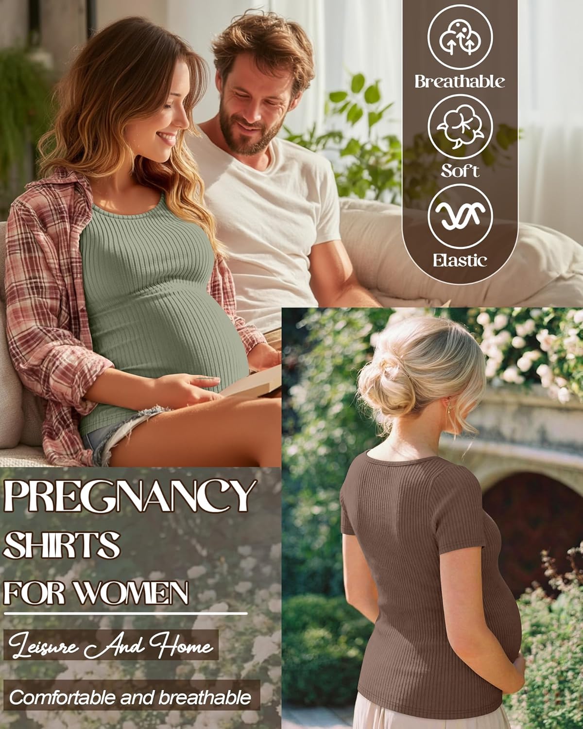 3 Pack Womens Maternity Shirts Summer Short Sleeve Ribbed Pregnancy Clothes Casual Loose Fit Workout Cotton Tees
