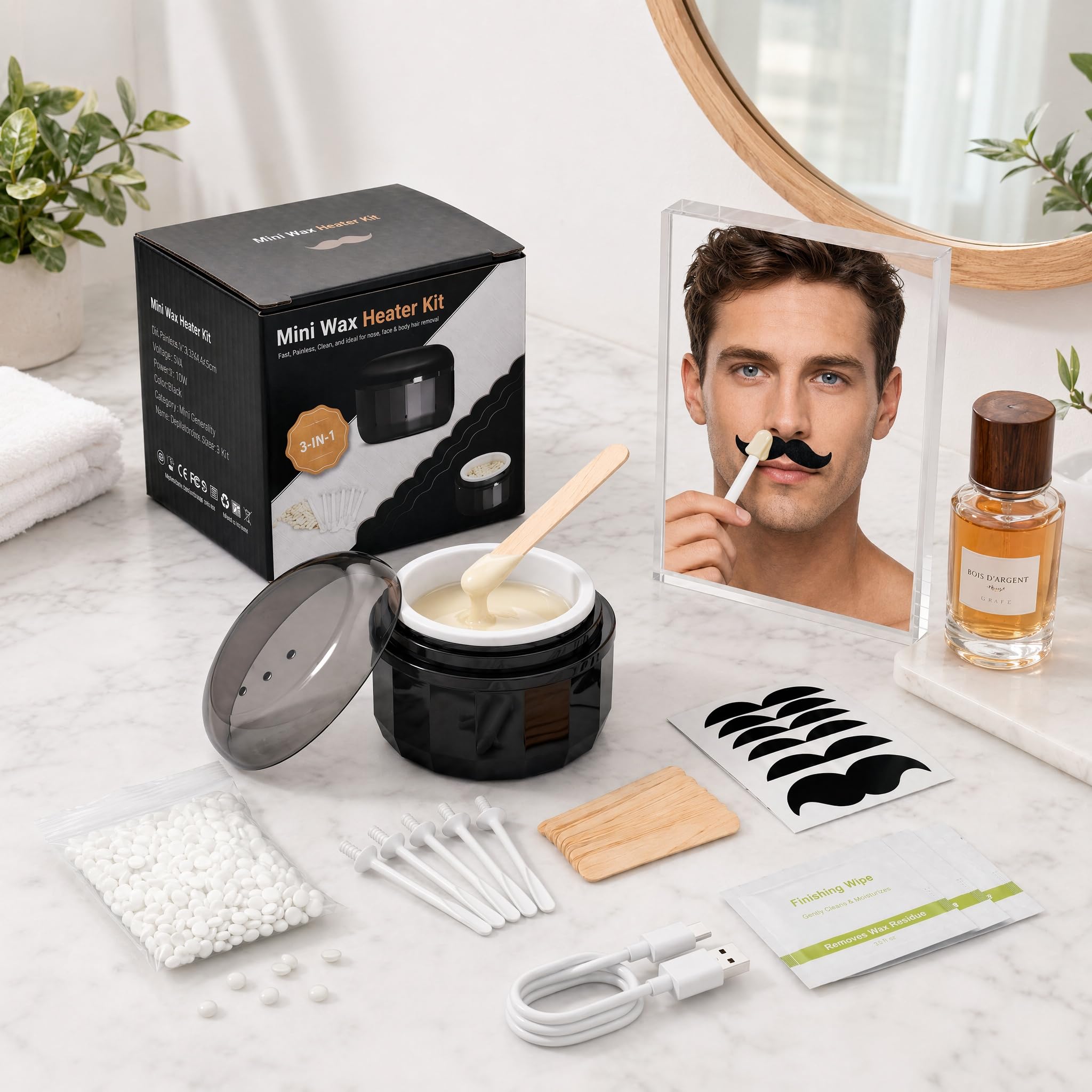 Nasenhaarentferner USB-Wachswärmer Nose Wax Kit für Männer | Schmerzfreie Nasen- & Ohrenhaarentfernung, 50g Nasenwachs enthalten, Mit Nasen-Sticks, Bartschutz & Tüchern
