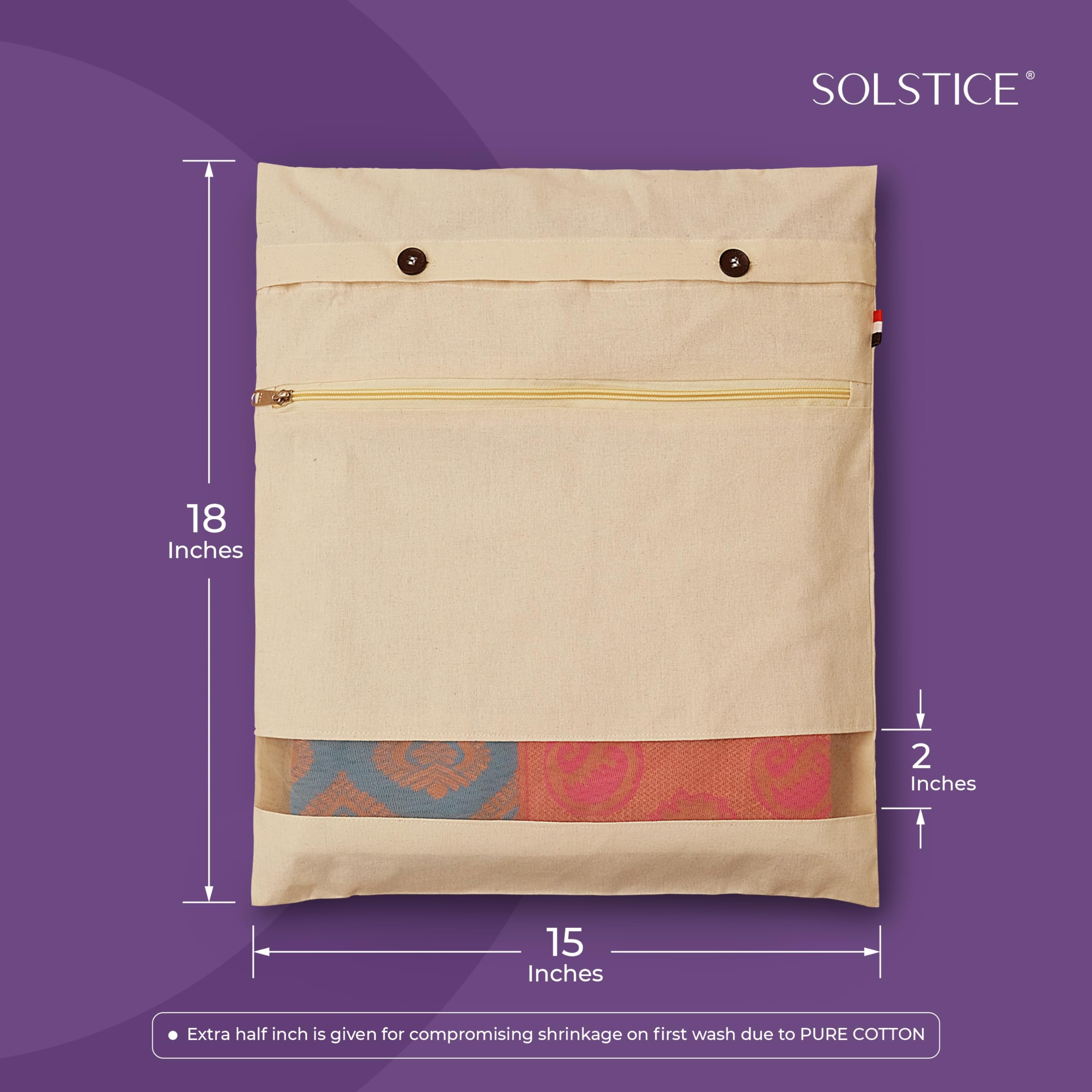 SOLSTICE Cotton Saree Bags/Covers With Zip For Storage - Double Pocket Twist, Big Size (18 X 15 Inches) And Transparent Mesh Window Set Of 8, Beige
