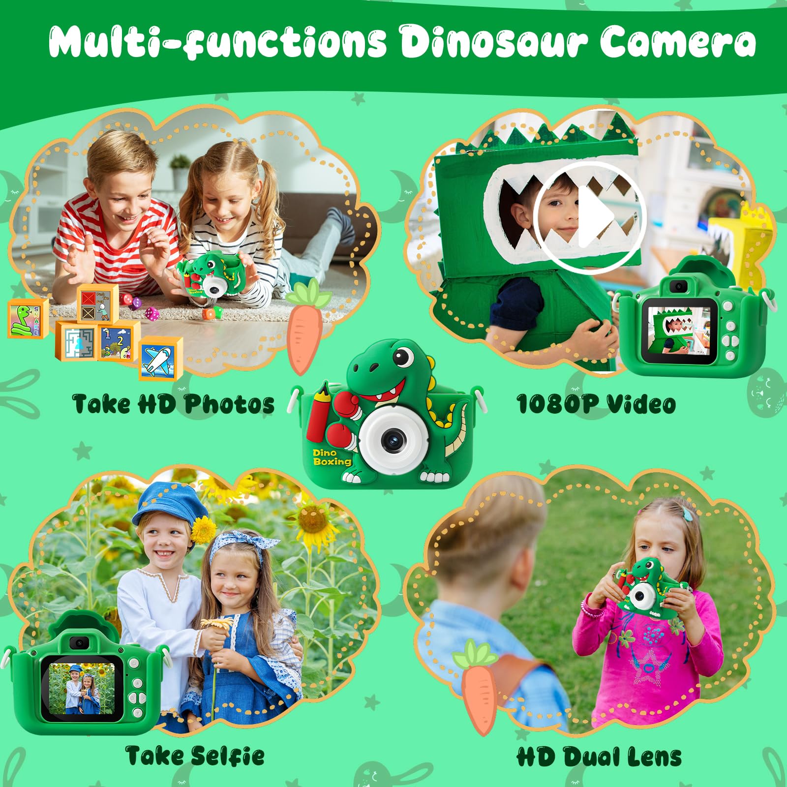 Dinosaur Kids Camera - HD Digital Camera For Toddlers, 32GB Card, Selfie, Games, Gift For Boys Girls Ages 3-12 (Green)