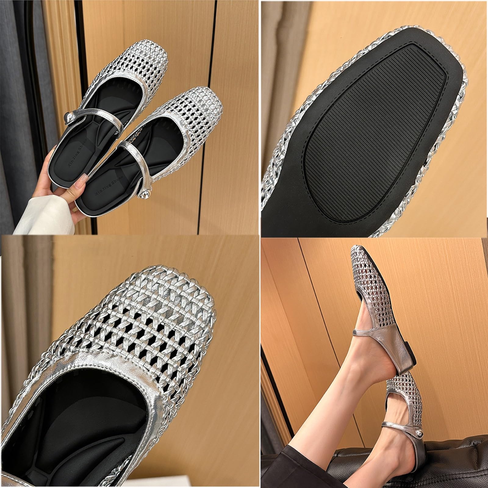 Ballerine Da Donna In Rete, Scarpe Basse Casual Intrecciate Con Punta Quadrata Da Donna, Zoccoli Estivi Eleganti Senza Schienale Alla Moda