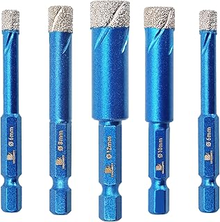 Diamond Drill Bit,BRSCHNITT 5pcs/Pack 1/4 5/16 3/8 1/2 Inch Diamond Hole Saw Drill Bit for Porcelain Tile Ceramic Stone Granite Marble,Hex Shank Dry Drilling Diamond Core Drill Bit Set, 6/8/10/12mm