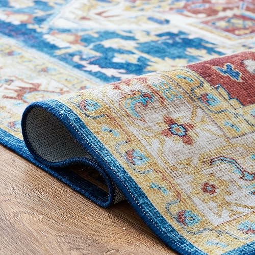 Miniatura 8 de jinchan Alfombra de área lavable de 8 x 10 pies, alfombra azul floral, delgada, vintage, retro, antideslizante, para interiores, cocina, sala de