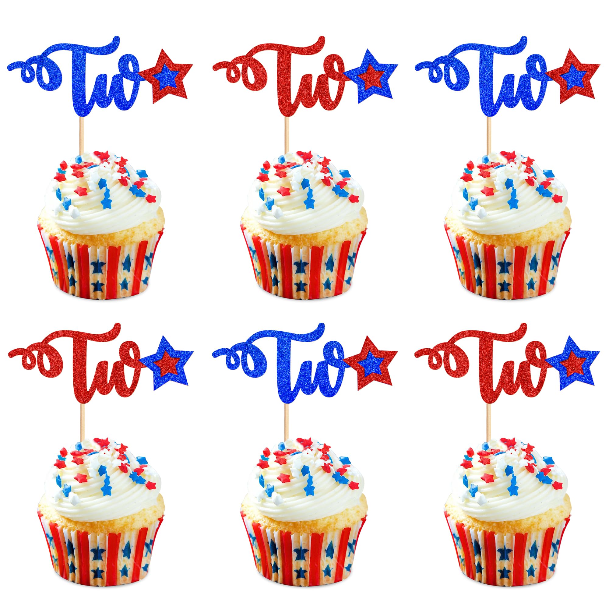 Ercadio 24Pcs Patriotic Star Two Cupcake Toppers Firework First Birthday Cupcake Picks Happy 4th of July American National Independence Day Theme 2st