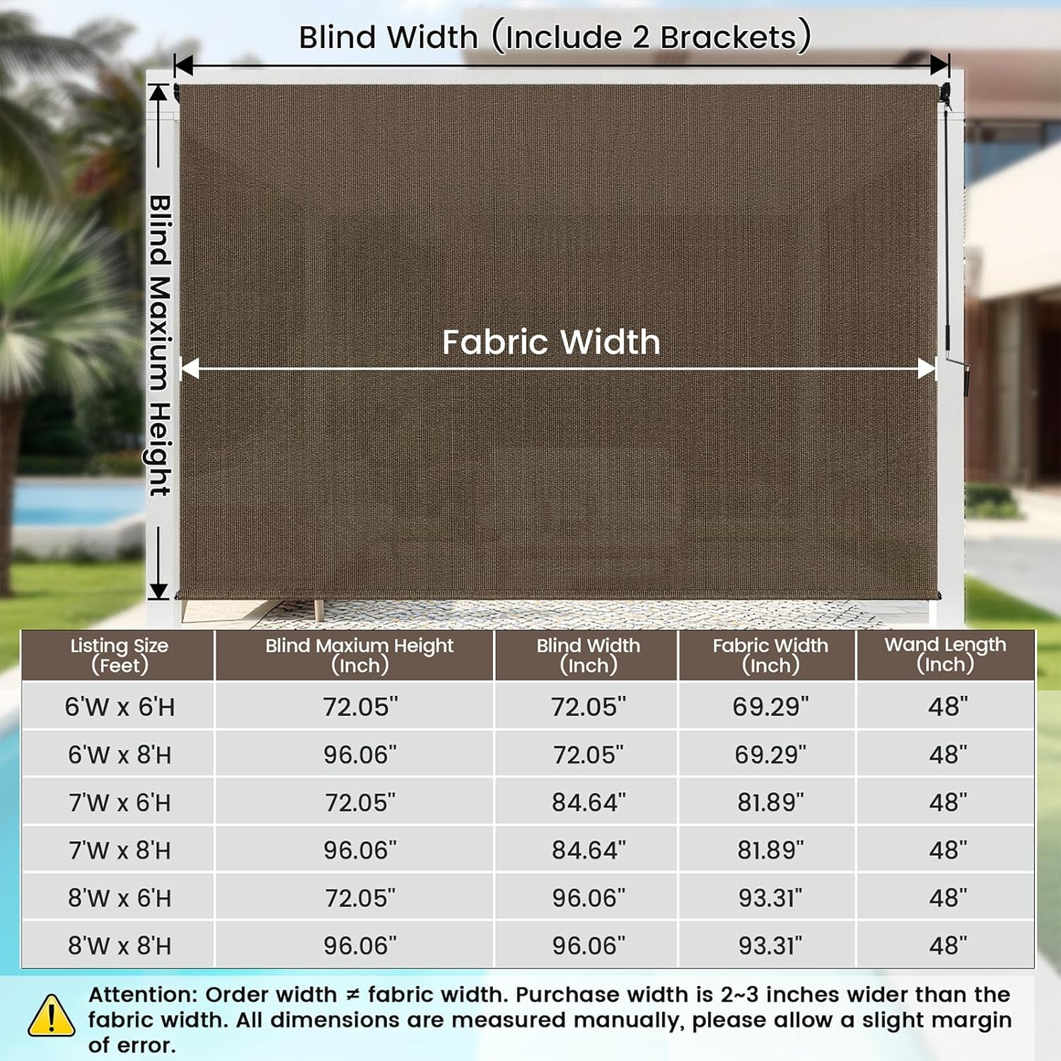 Outdoor Roller Shades for Patio, 8' W x 8' H Cordless Patio Shades Roll Up Outdoor Blinds with Splicing Design, 90% UV Protection for Porch Gazebo Pergola, 2 Poles & 1 Fabric, Mocha
