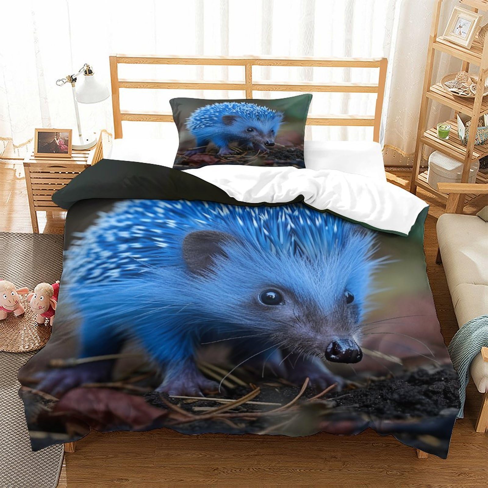 P1S9U7W5Y 3D Printed Blue Hedgehog 3pcs Duvet Cover Set Microfiber Animal Bedding Set Single（135x200cm）