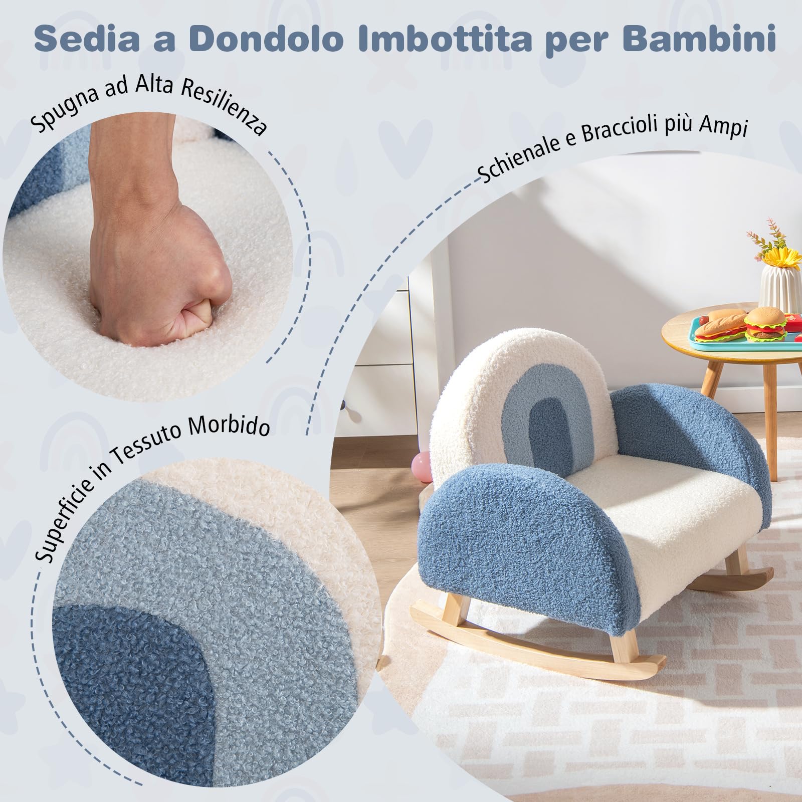 GYMAX Poltrona per Bambini a Dondolo in Teddy Velluto con Gamba in Legno Massello, Poltrona Imbottita a Dondolo per Bambini Carini per Asilo Nido e Sala Giochi, Età 3-5 Anni (blu)