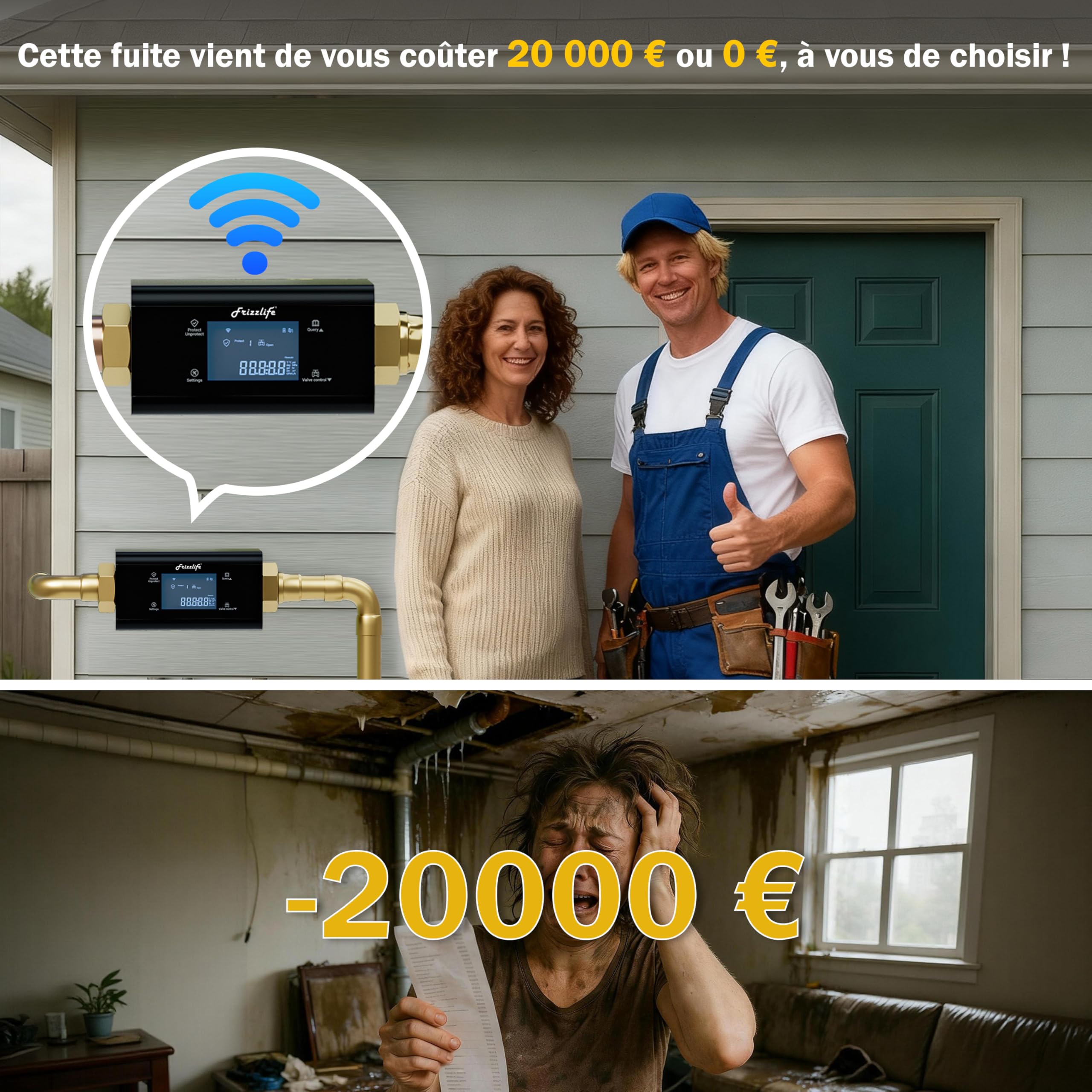 Frizzlife LP365-P Détecteur de Fuite d’Eau WiFi avec arrêt Automatique, alertes Via app (2,4 GHz & 5 GHz), capteur d’Eau pour Cuisine, Salle de Bain, Cave, Surveillance Pression, tuyaux 3/4" & 1"