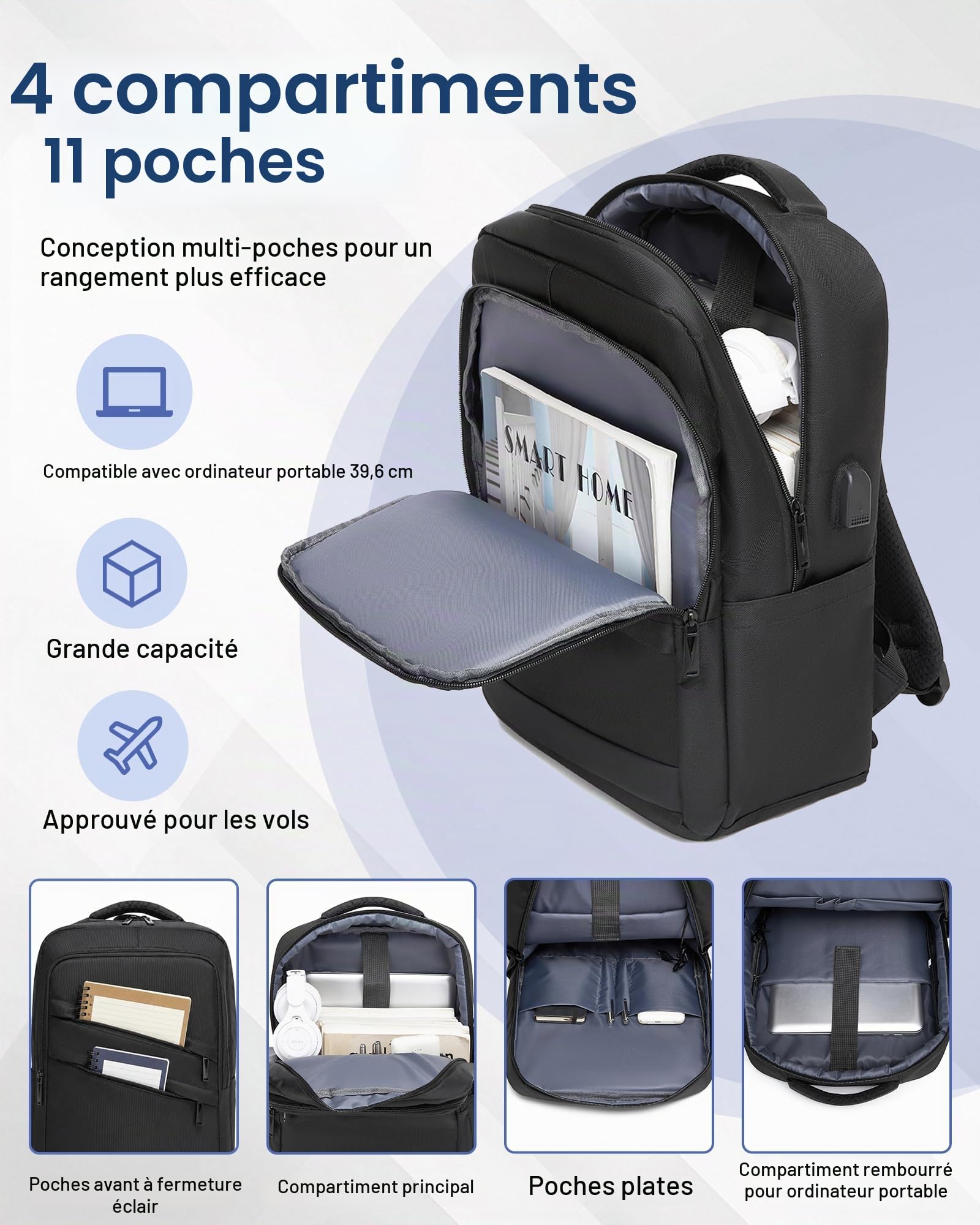 Sac à Dos Ordinateur 15,6 Pouces Homme Femme, Léger avec Port USB, Sac a Dos de Travail pour Voyage, Bureau, Université, Quotidien (Noir)