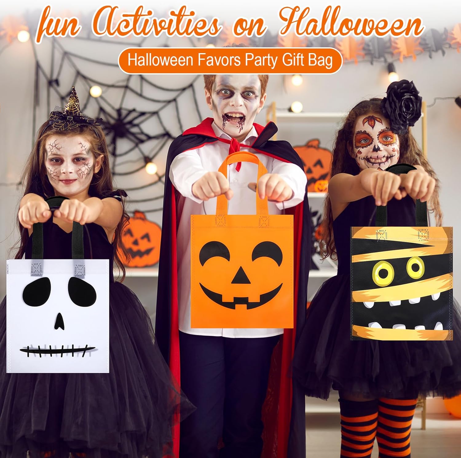 Ribbonlic 96 Pcs Halloween Treat Bags Party Favors, Candy Tote Bags with Handles, Reusable Non Woven Gifts Wrapping for Halloween Party Supplies