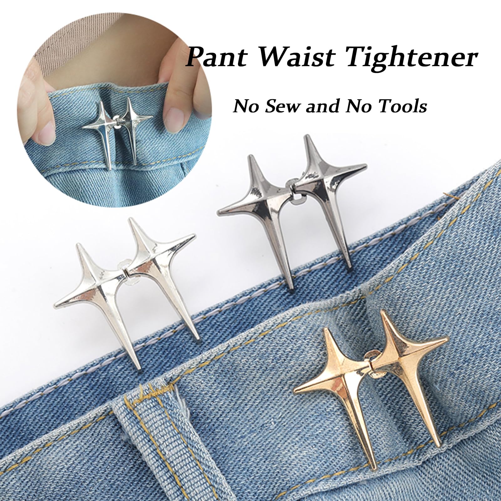 8 Sets Hosen-Straffer Ohne Nähen – Metall-Sterne, Verstellbar, Für Jeans & Röcke (Silber, Gold, Schwarz, Bronze)