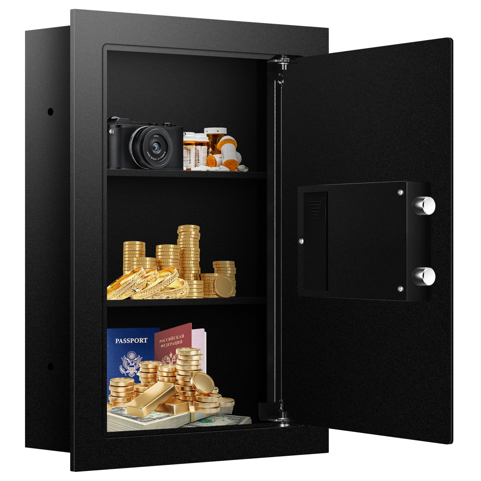 Fireproof Wall Safe With LED Light, Digital keyboard and Emergency Key, Electronic Hidden Safe with Removable Shelf, Home Safe for Cash, Jewelry, Guns, Medicines,Passports.