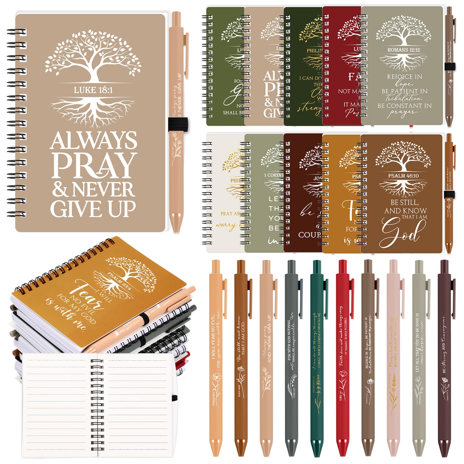 Kosiz 100 Pcs Motivational Christian Gift Bulk Prayer Journal Bible Verse Spiral Notebook with Ballpoint Valentines Tree of Life Religious Church Gift