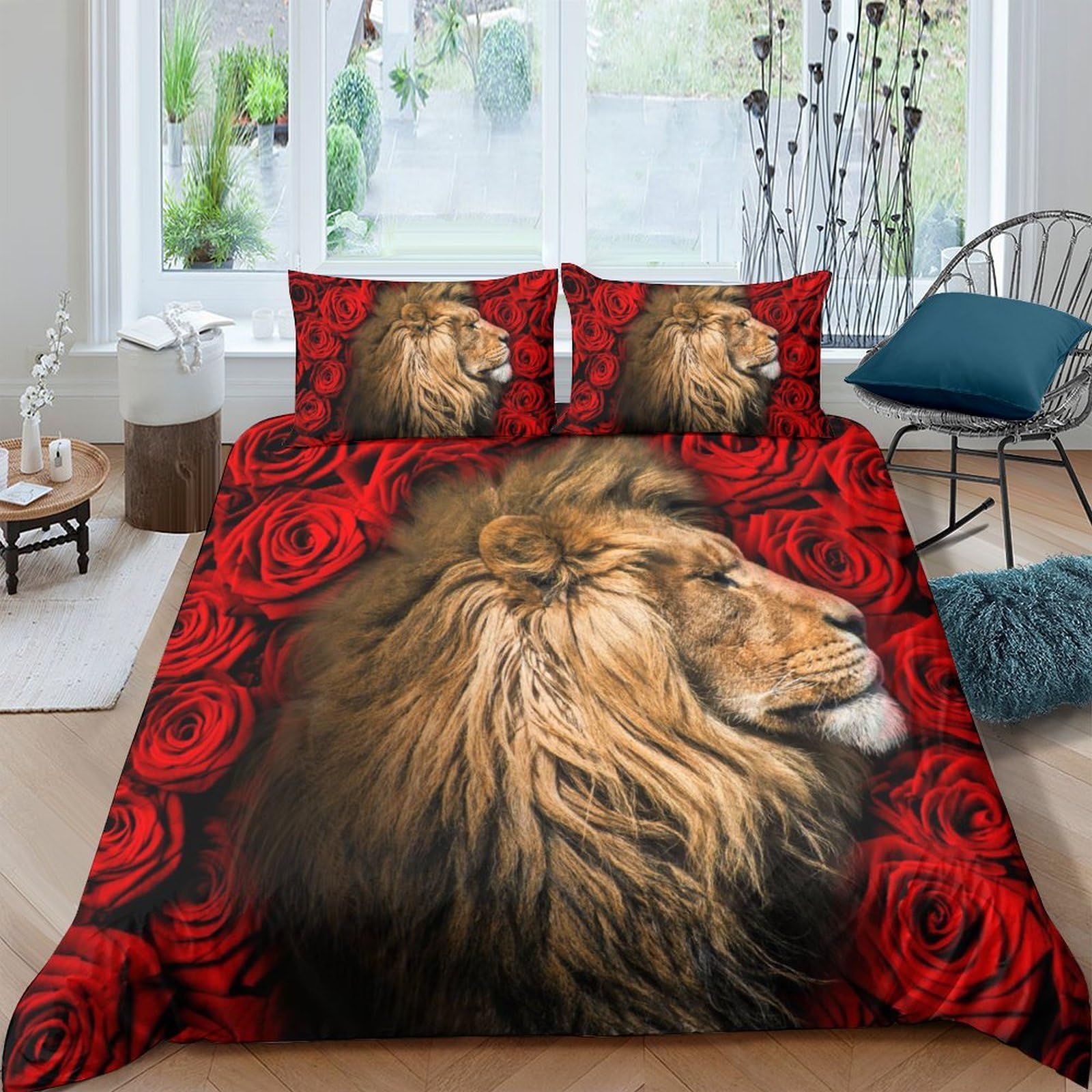 3D Printed Lion Rose Duvet Cover Microfiber Soft Breathable Bedding Set with 2 Pillowcases for Bedroom Decor Gift Single（135x200cm）