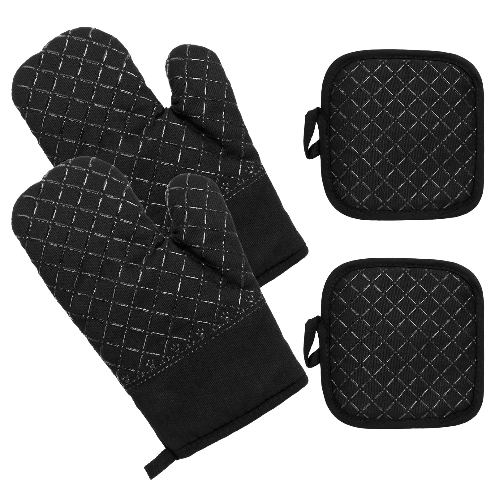 2PCS Oven Gloves, Black Silicone Oven Gloves with 2 Pot Holders