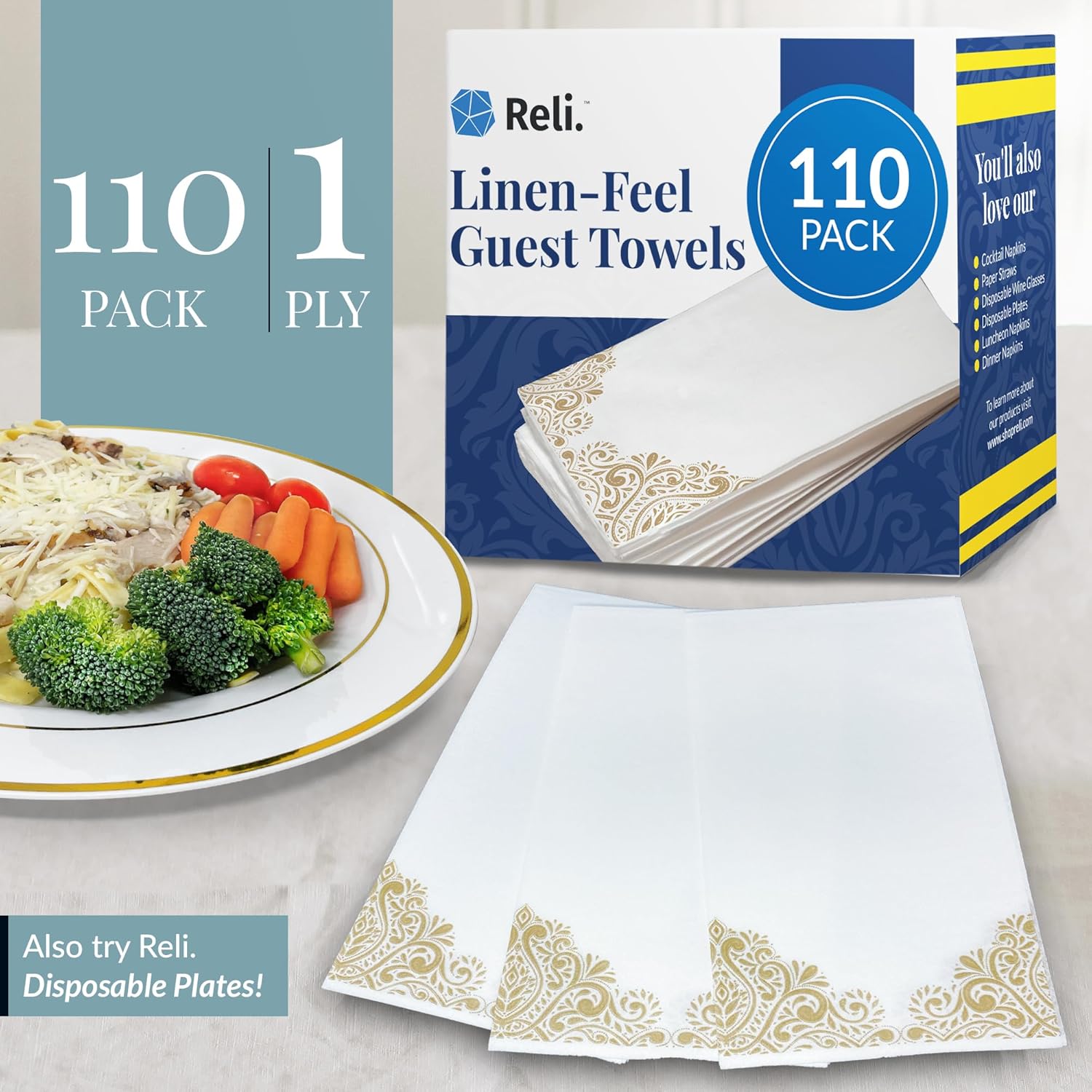 Reli. Bathroom Napkins Guest Disposable (110 Pack) Gold Design Linen-Feel Guest Towels 12" x 15.75" | Cloth-Like Restroom Napkins | Paper Hand Towels for Bathroom, Kitchen, Dinner | Absorbent