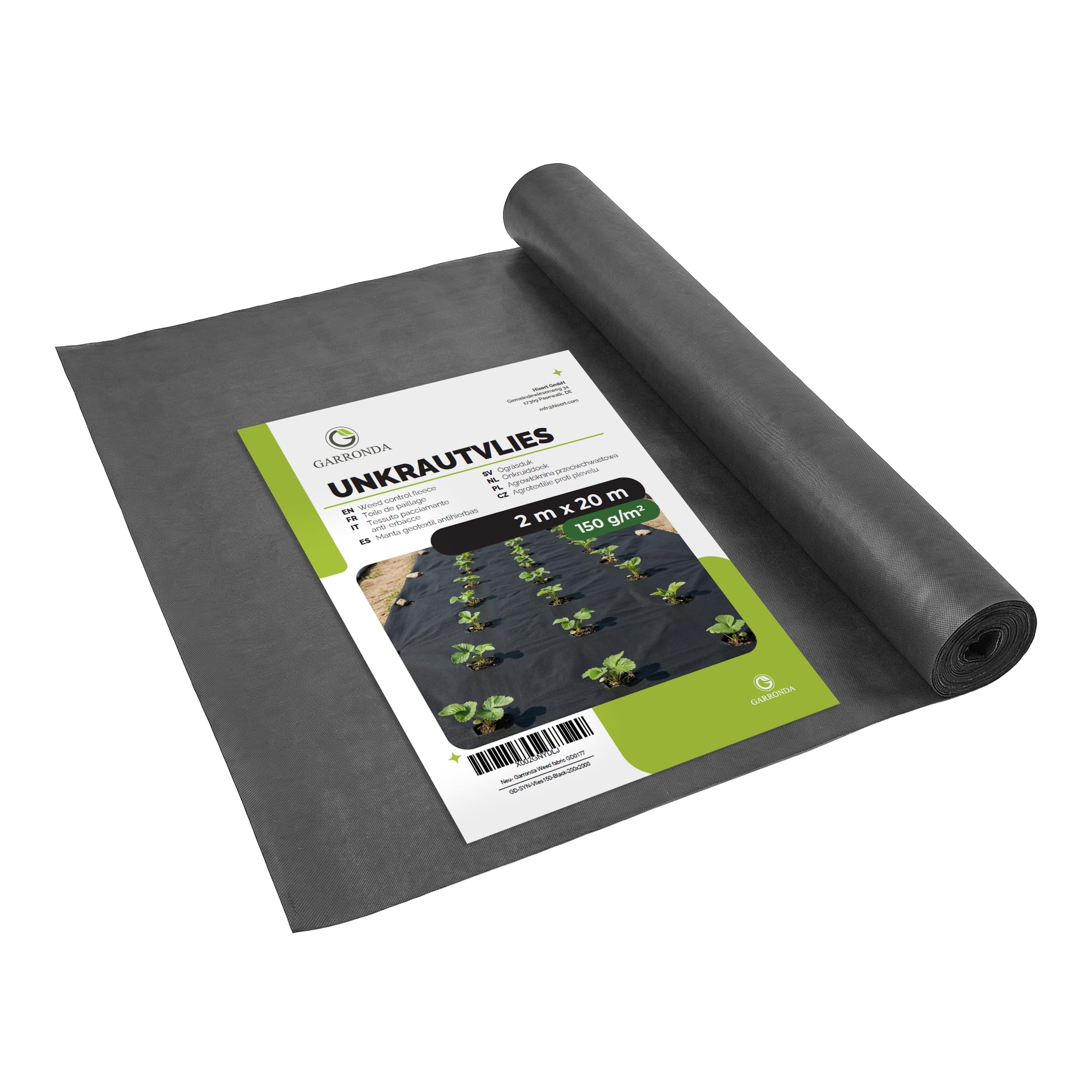 Garronda Telo Pacciamatura Antierbacce 150 g/m² Nero, 2 m x 20 m GD-0177 | Telo pacciamatura più spesso e stabile per aiuole, orto, giardino, serre, vialetti e posa sotto ghiaia
