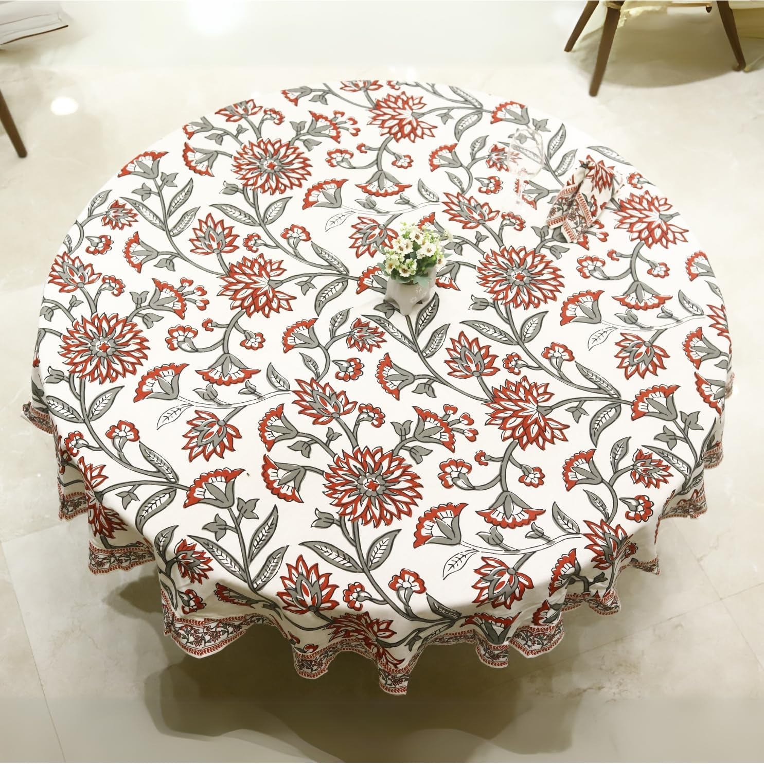 100% Organic Cotton Red Table Cloth, Indian Block Print Table Linen for Dining, Parties, Wedding, Outdoors Home Decor | 60 INCH Round | 4-6 Seater - Crimson Red and Sage Floral Vatika - Image 2