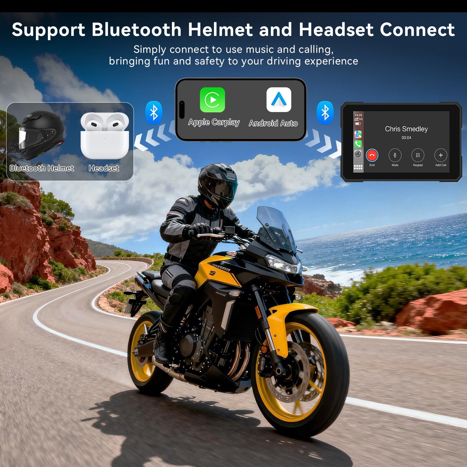 5 Pulgadas Pantalla Carplay de Motocicleta, IPX67 Impermeable, para CarPlay y Android Auto con Bluetooth Dual, Control de Voz, GPS, Detección de presión de neumáticos